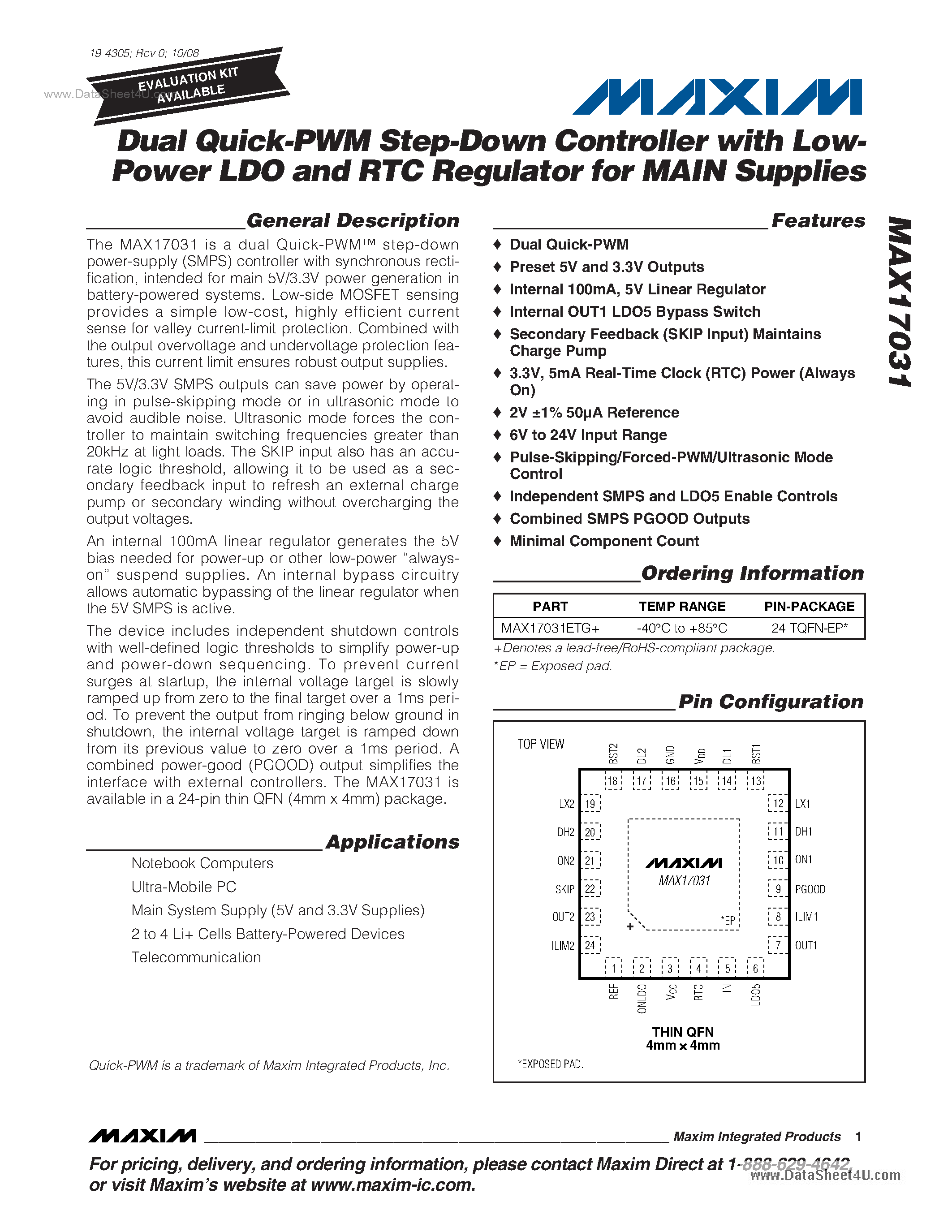 Datasheet MAX17031 page 1 Datasheet MAX17031 - Dual Quick-PWM Step-Down Controller page 1