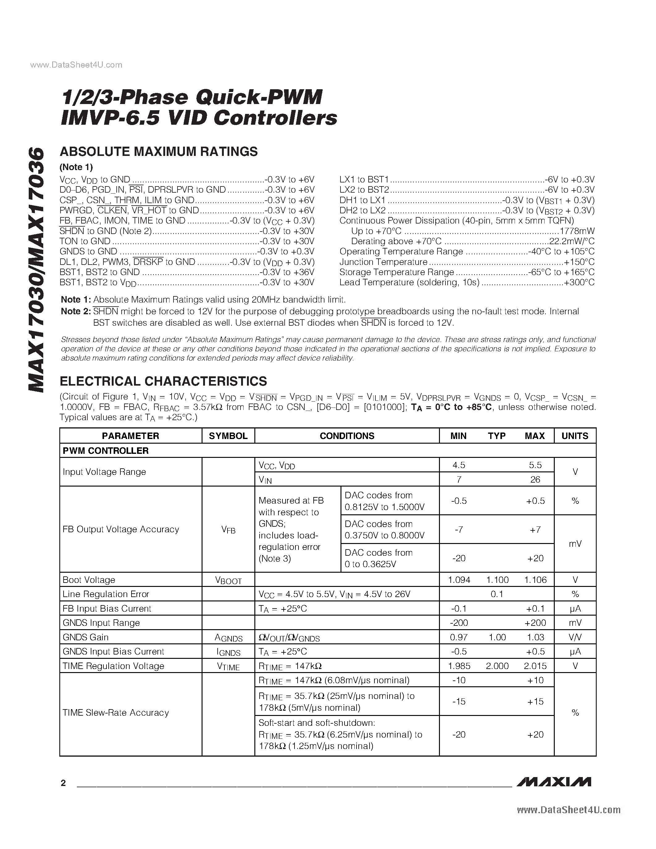 Datasheet MAX17030 - (MAX17030 / MAX17036) 1/2/3-Phase Quick-PWM IMVP-6.5 VID Controllers page 2