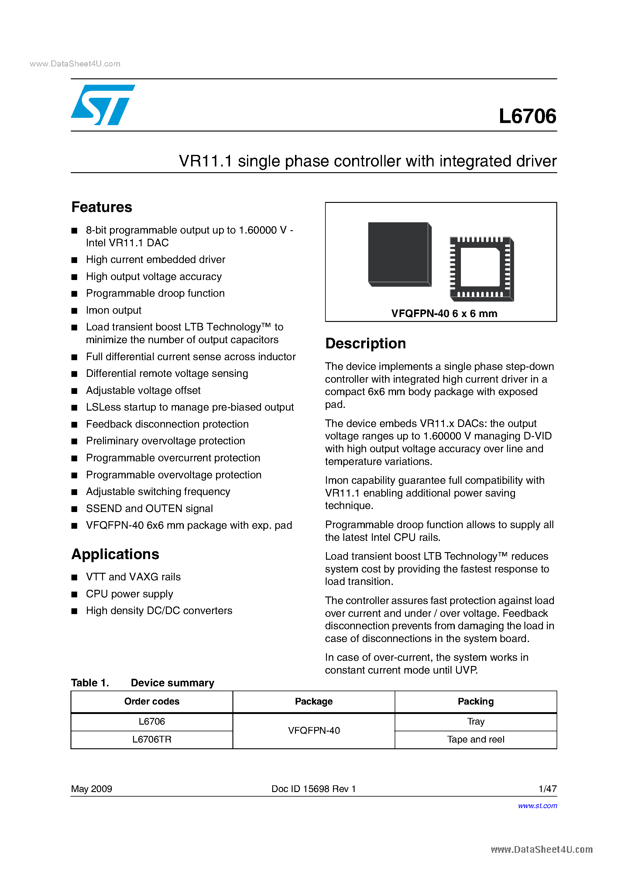 Datasheet L6706 page 1 Datasheet L6706 - Single-phase Switching DC-DC Controllers & Smart Regulators page 1