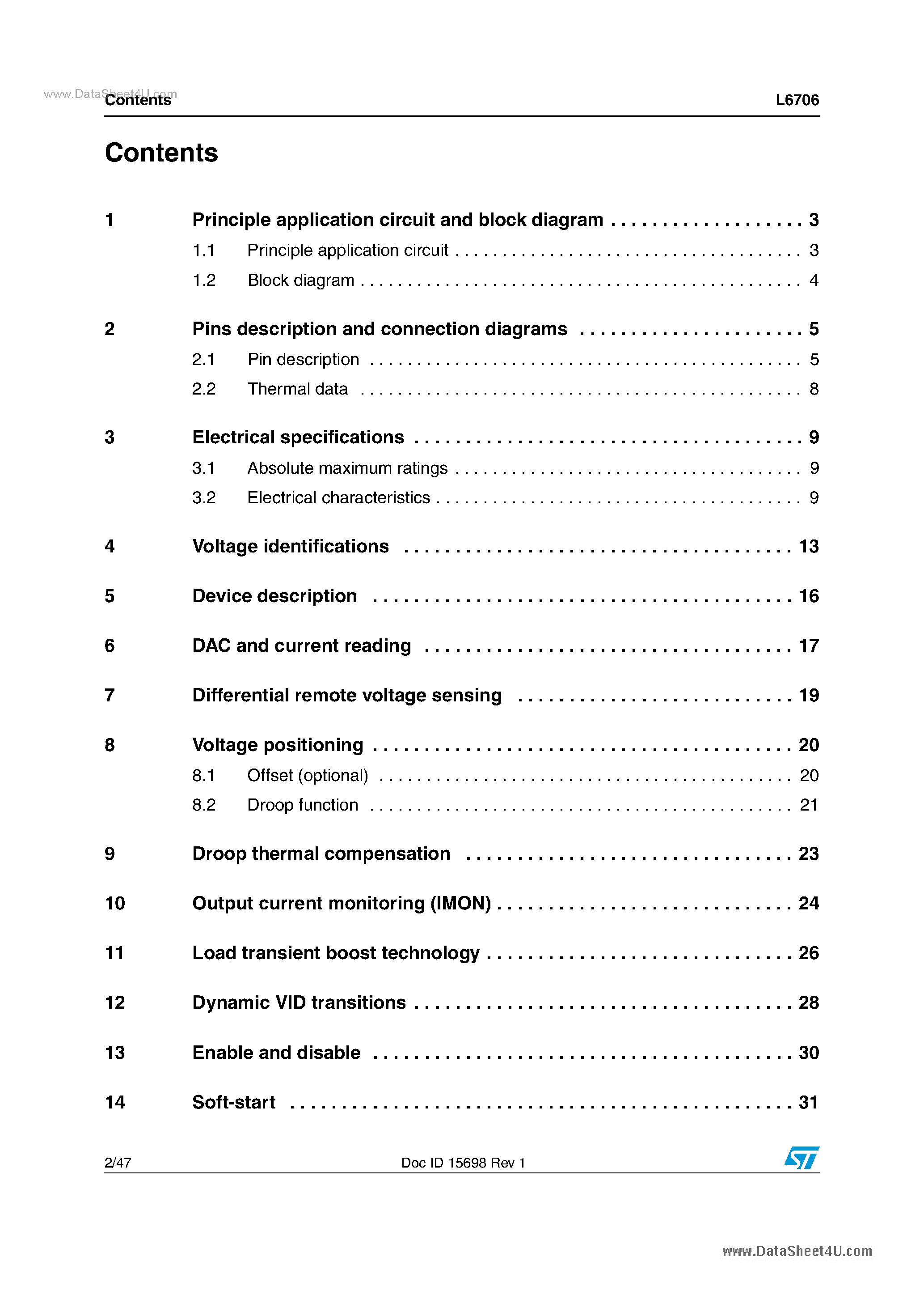 Datasheet L6706 page 2 Datasheet L6706 - Single-phase Switching DC-DC Controllers & Smart Regulators page 2