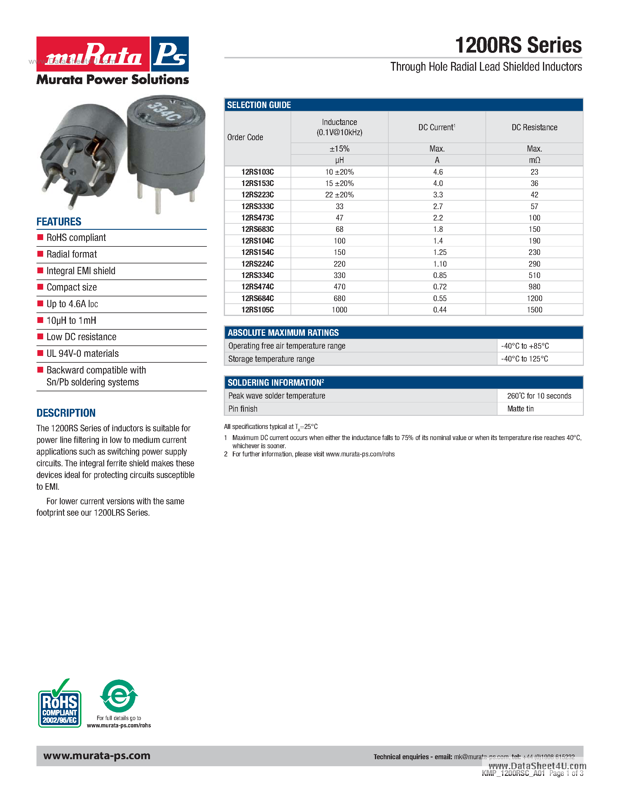 Datasheet 1200RS - Shielded Inductors Provide A Power Line Filtering Solution page 1