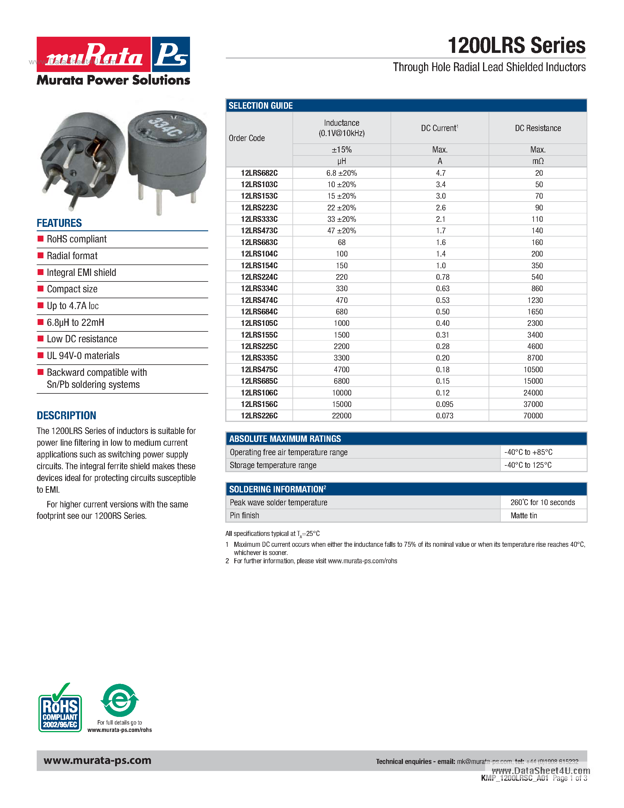 Datasheet 1200LRS - Shielded Inductors Provide A Power Line Filtering Solution page 1
