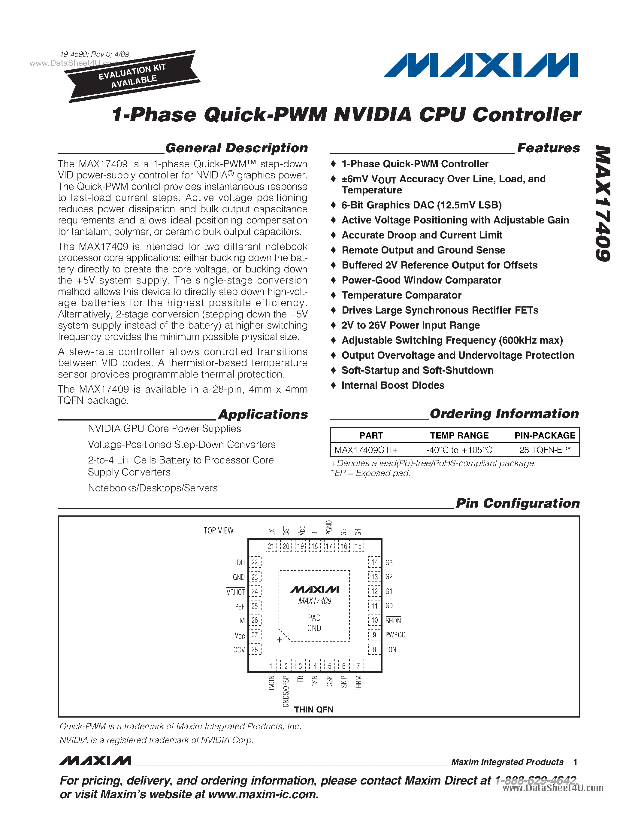 Datasheet MAX17409 - 1-Phase Quick-PWM NVIDIA CPU Controller page 1