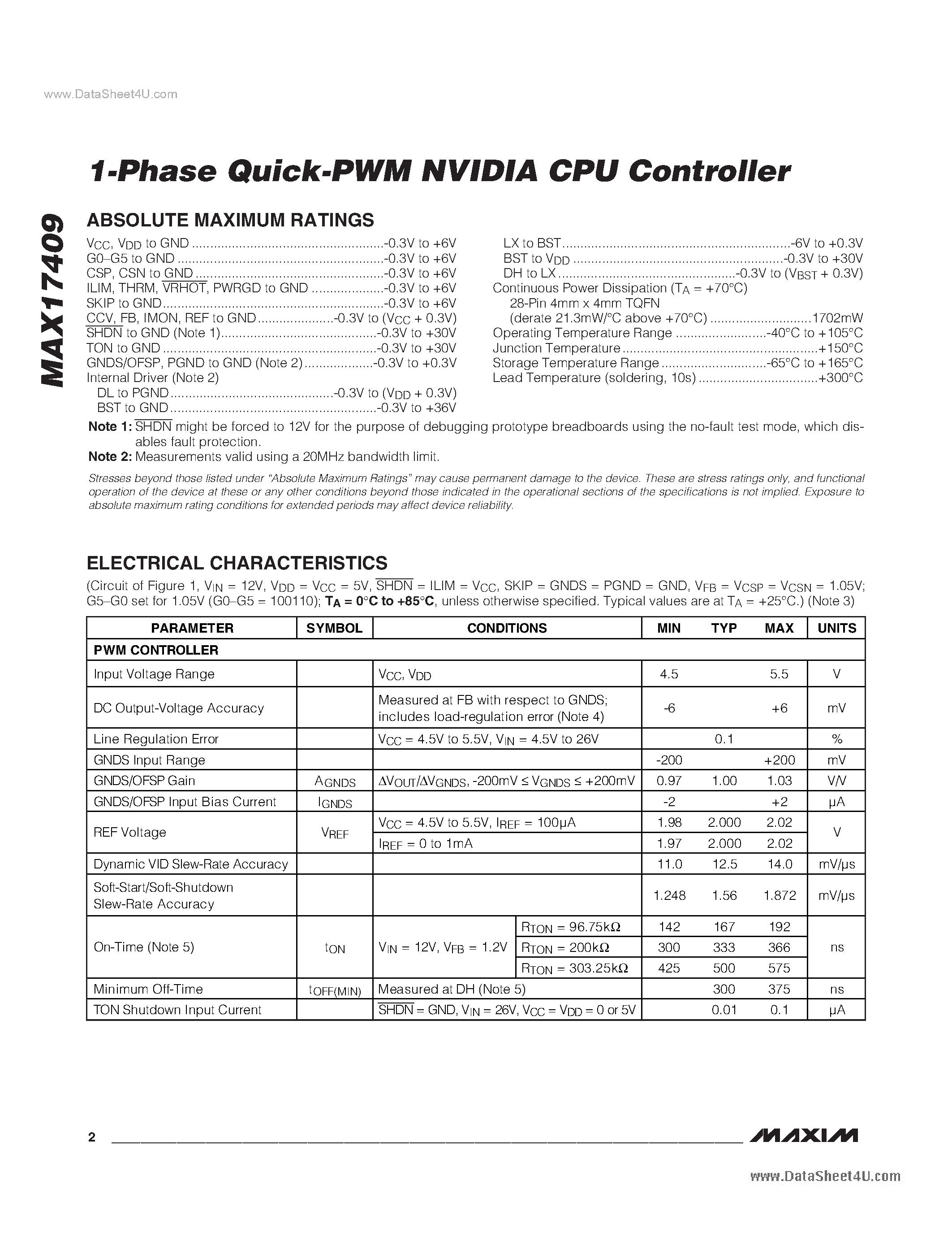 Datasheet MAX17409 - 1-Phase Quick-PWM NVIDIA CPU Controller page 2