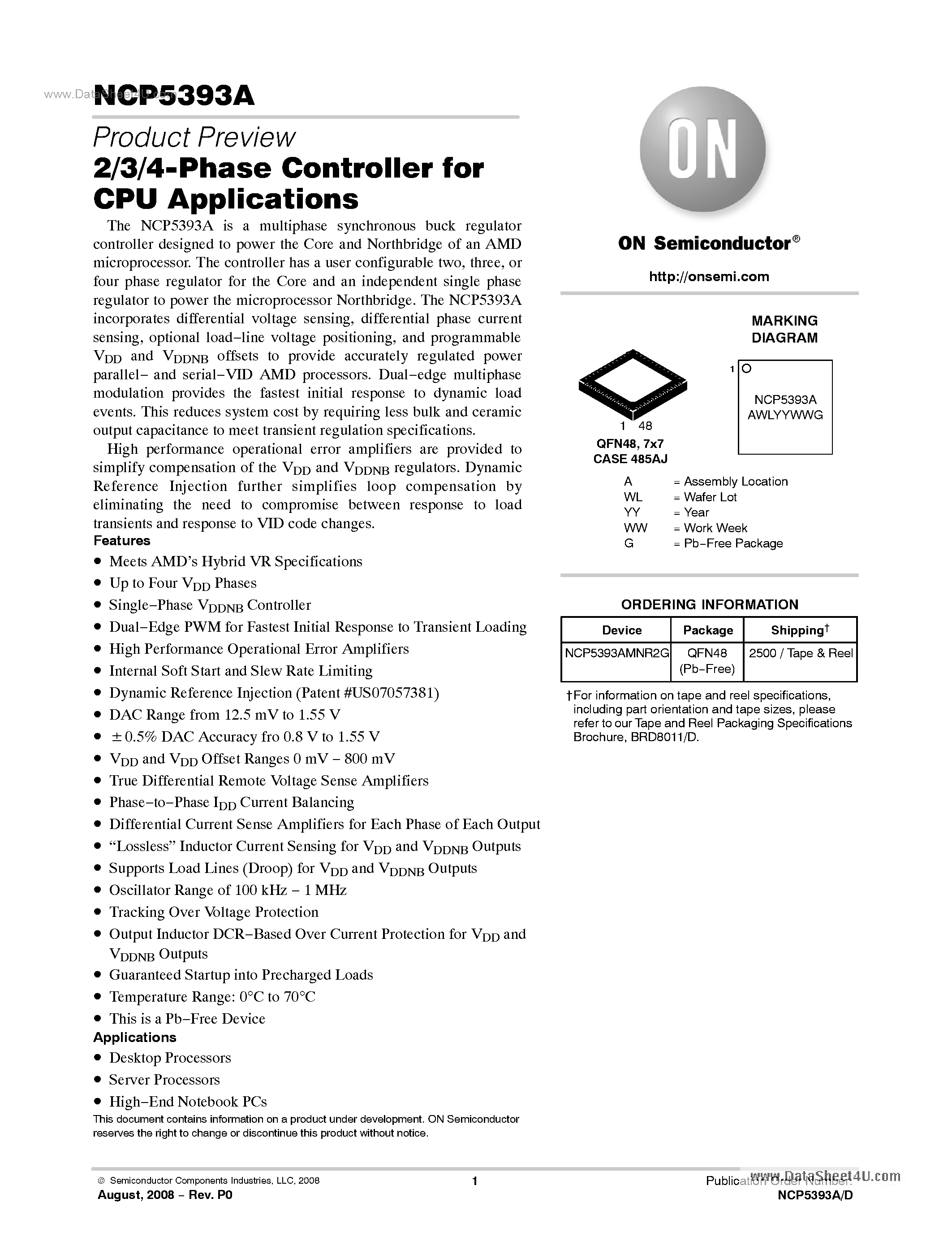 Datasheet NCP5393A - 2/3/4-Phase Controller page 1