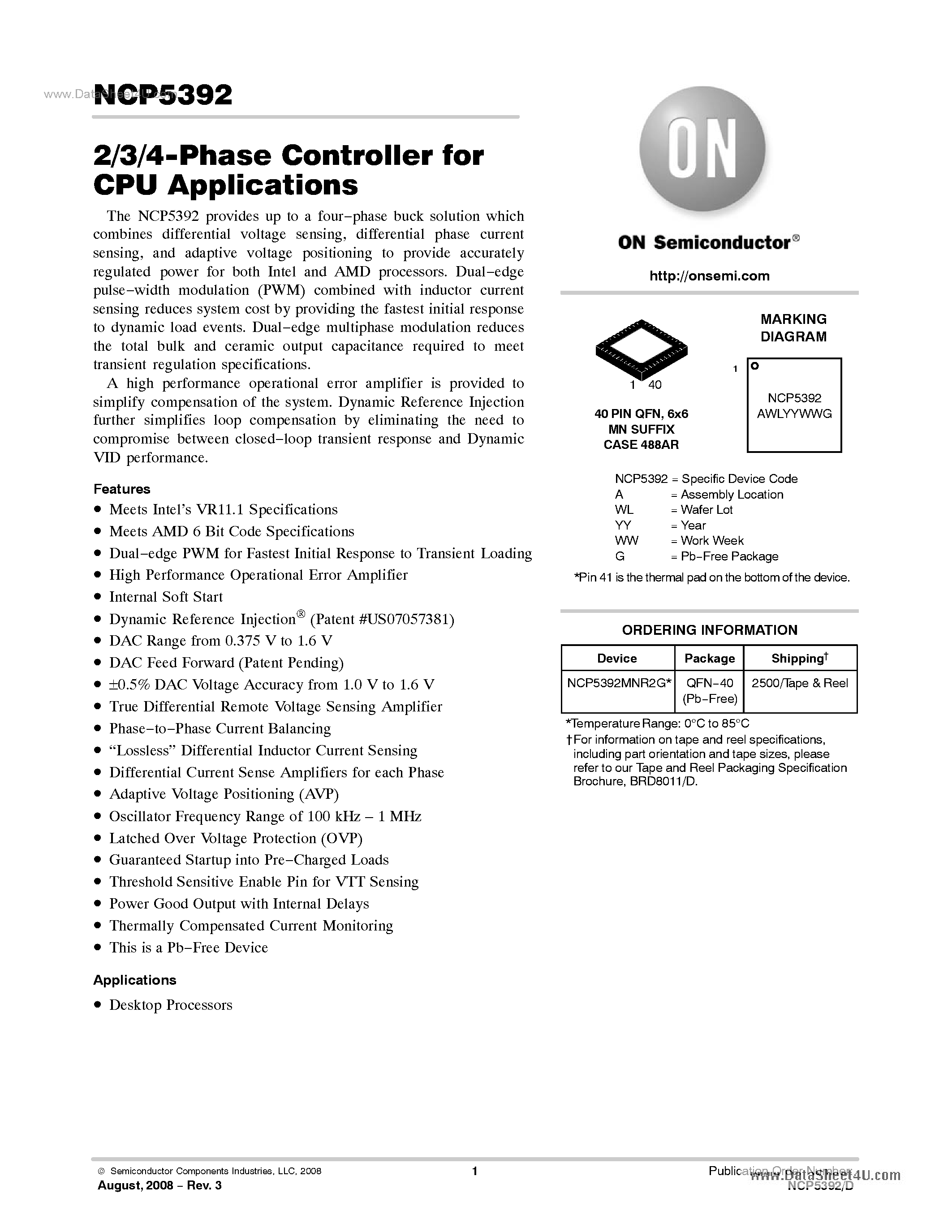 Datasheet NCP5392 - 2/3/4-Phase Controller page 1