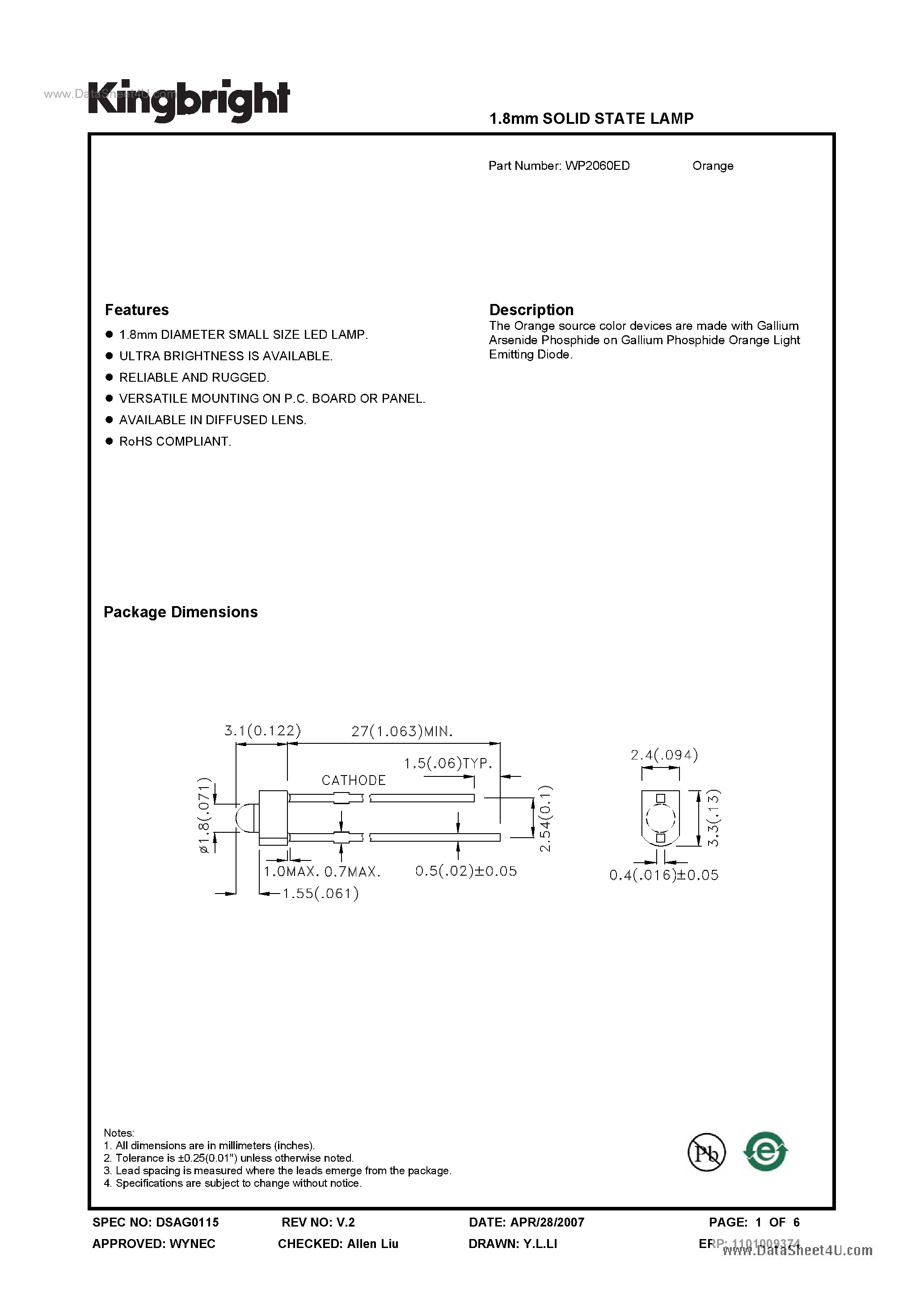 Datasheet WP2060ED - 1.8mm SOLID STATE LAMP page 1