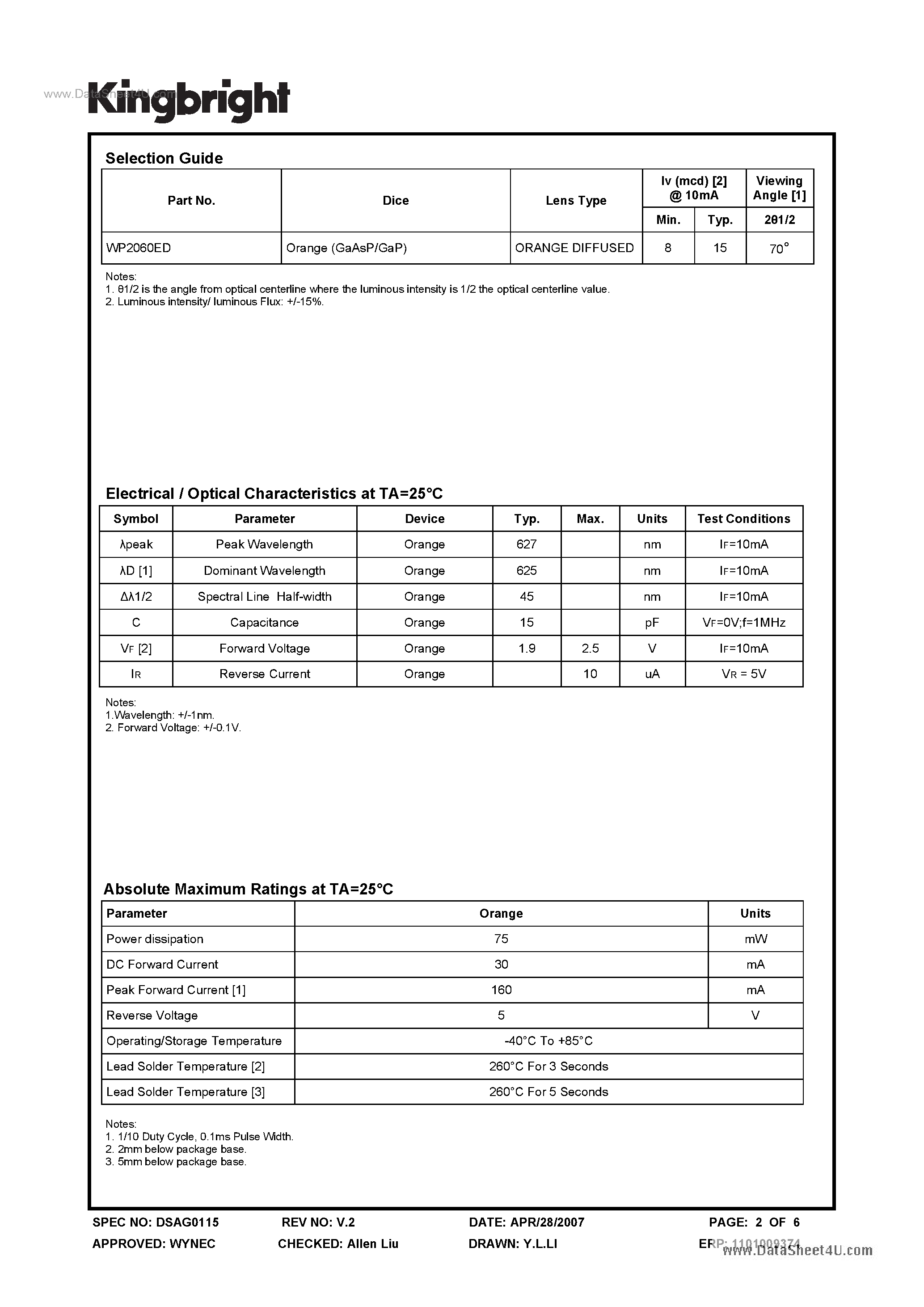 Datasheet WP2060ED - 1.8mm SOLID STATE LAMP page 2