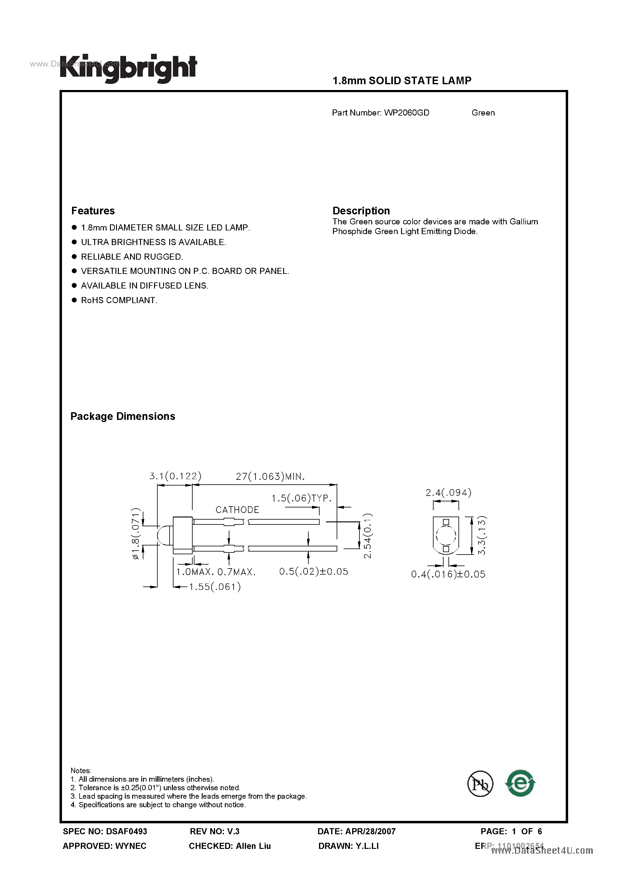 Datasheet WP2060GD - SOLID STATE LAMP page 1