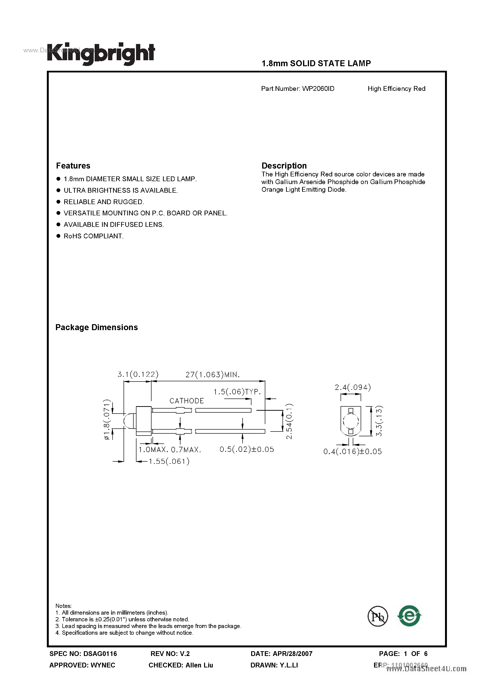 Datasheet WP2060ID - SOLID STATE LAMP page 1