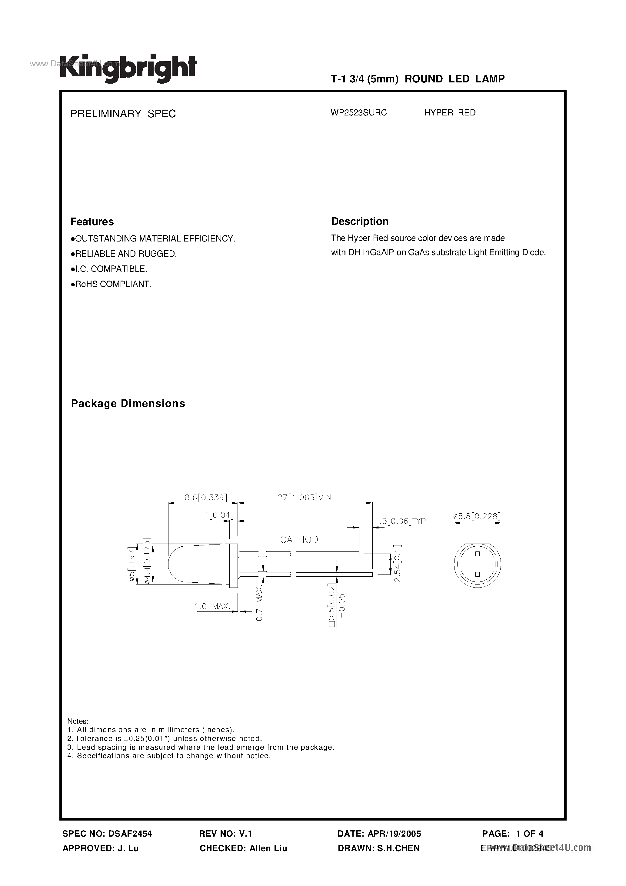Datasheet WP2523SURC - SOLID STATE LAMP page 1