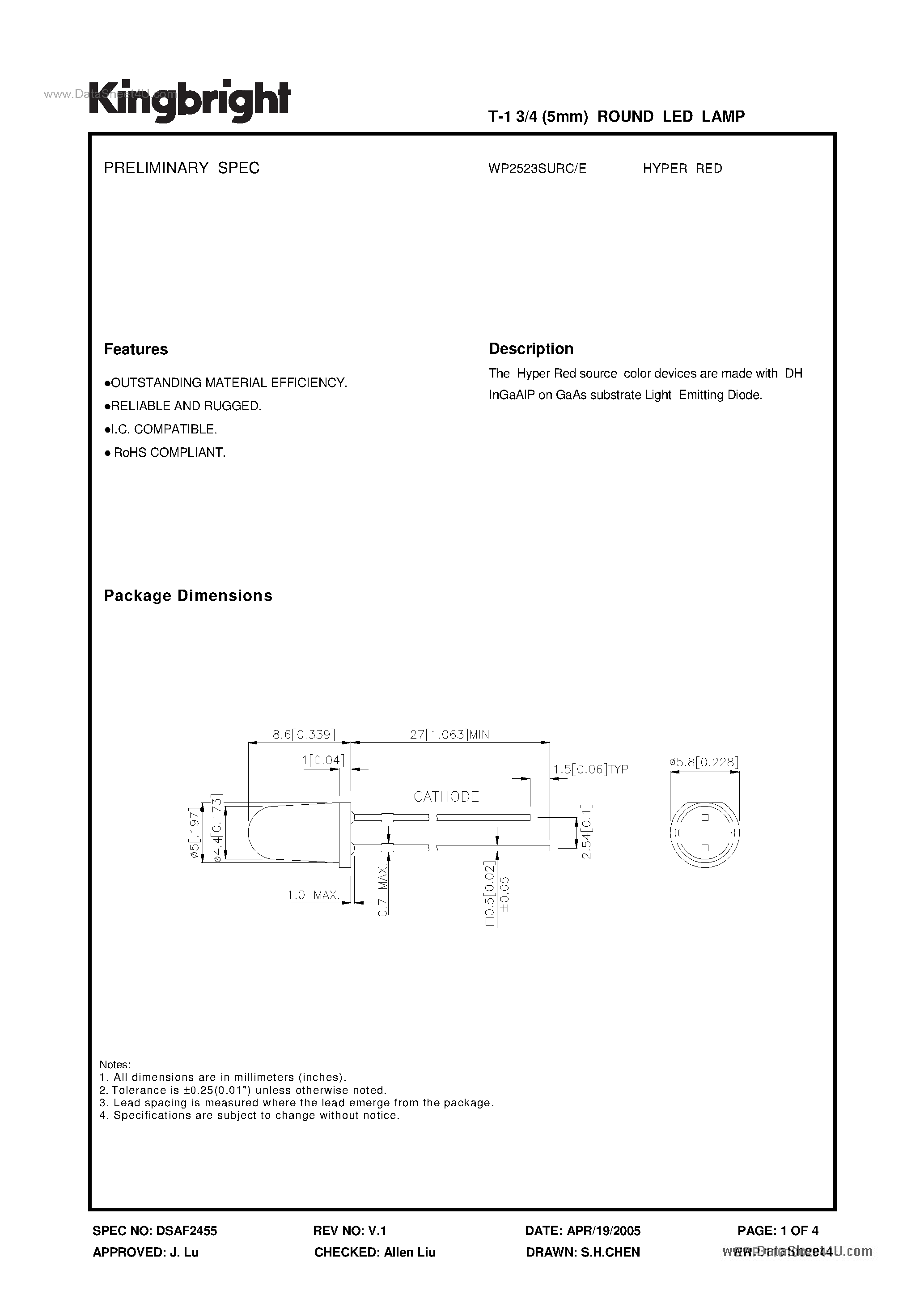 Даташит на микросхему WP2523SURC страница 1 Даташит WP2523SURC - SOLID STATE LAMP страница 1