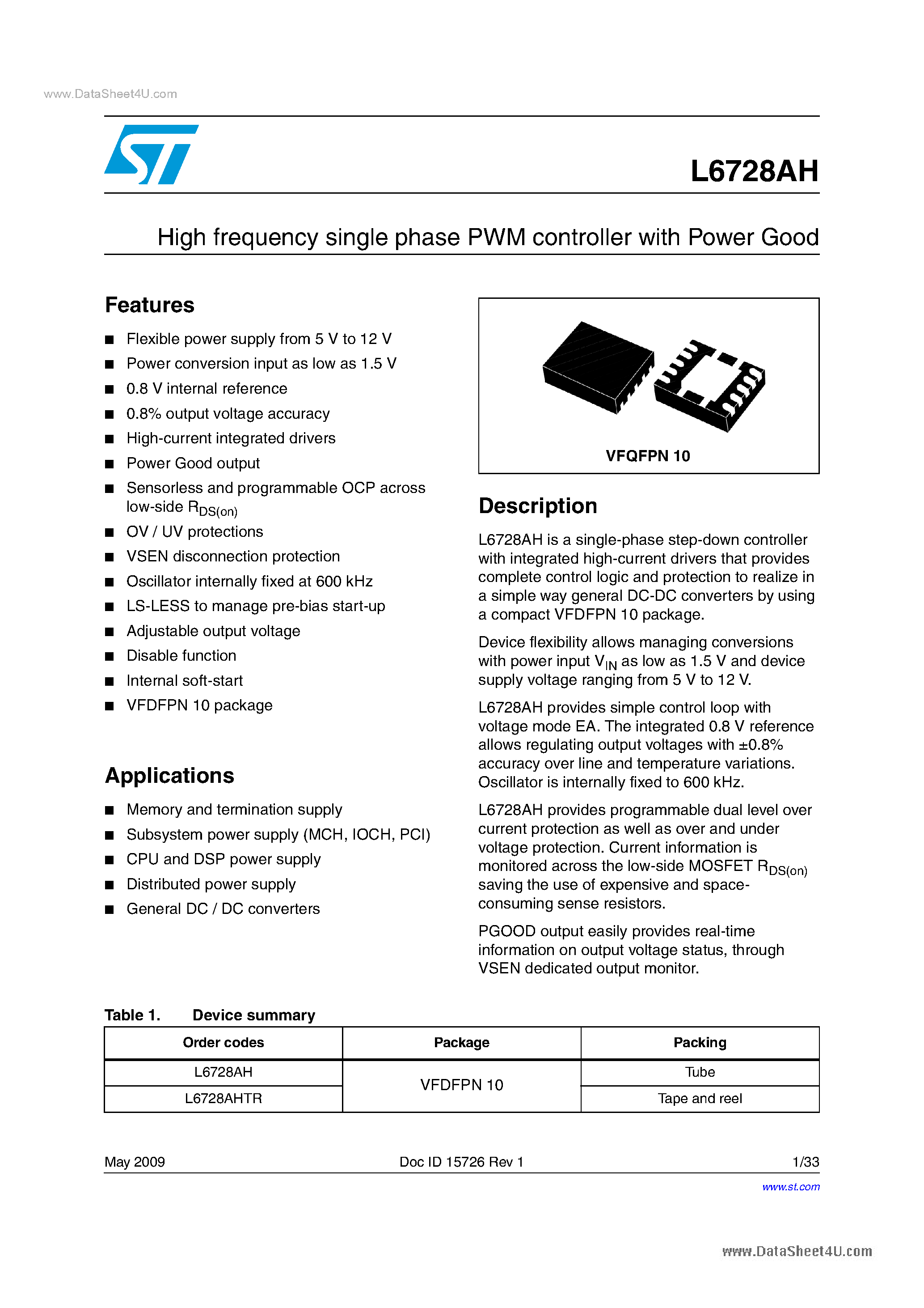 Datasheet L6728AH - Single-phase Switching DC-DC Controllers & Smart Regulators page 1