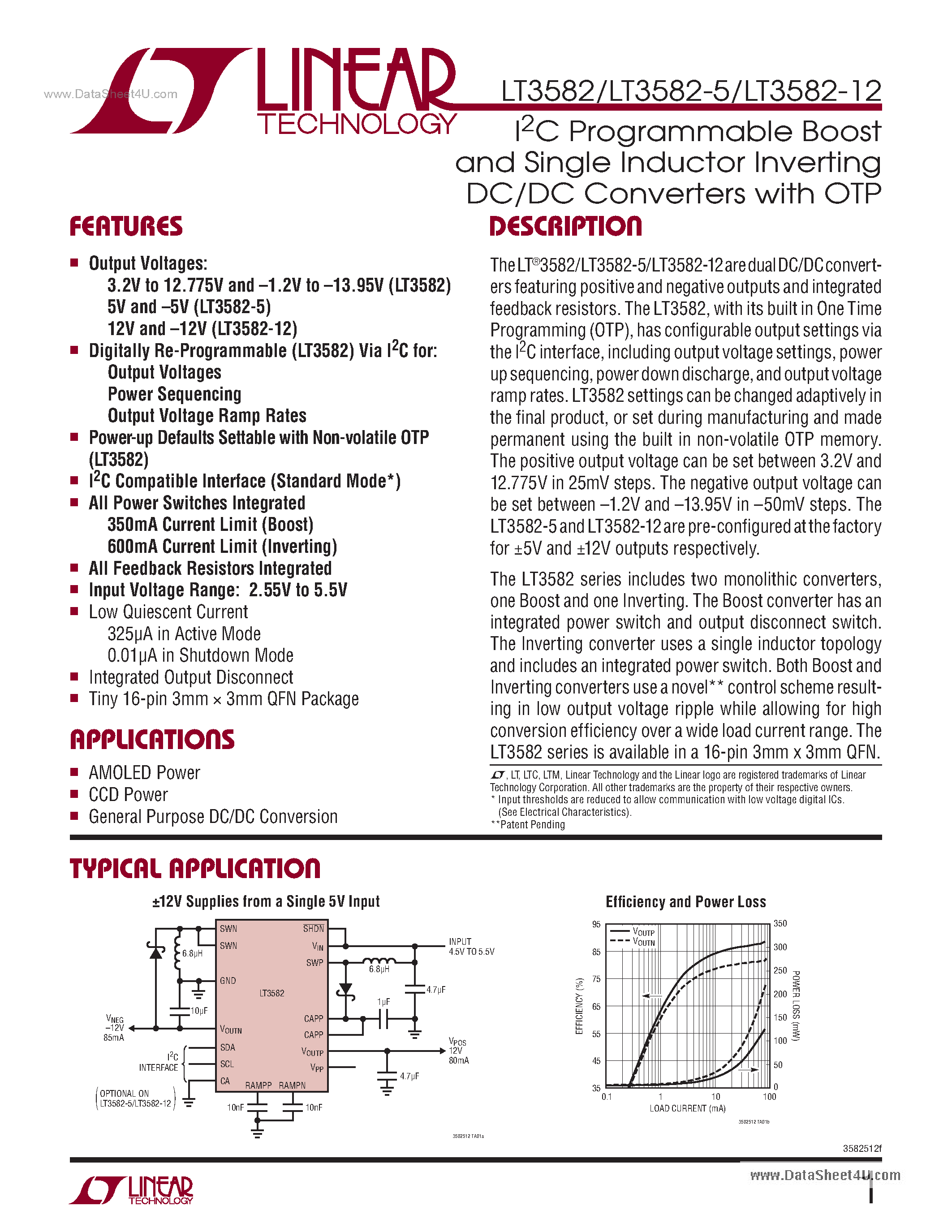 Datasheet LT3582 - I2C Programmable Boost And Single Inductor Inverting DC/DC Converters page 1