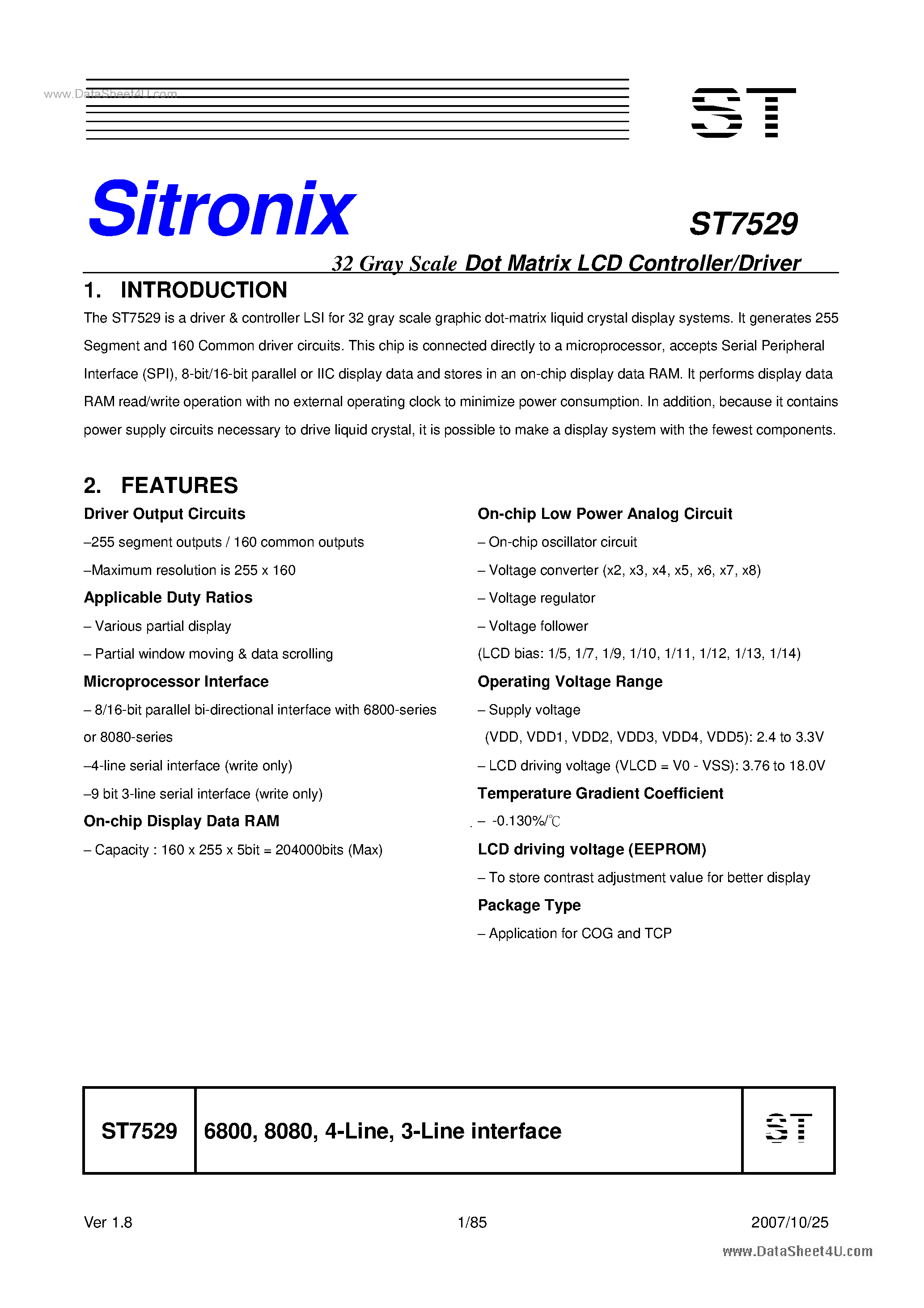 Datasheet ST7529 - 32-Gray Scale Dot Matrix LCD Controller / Driver page 1