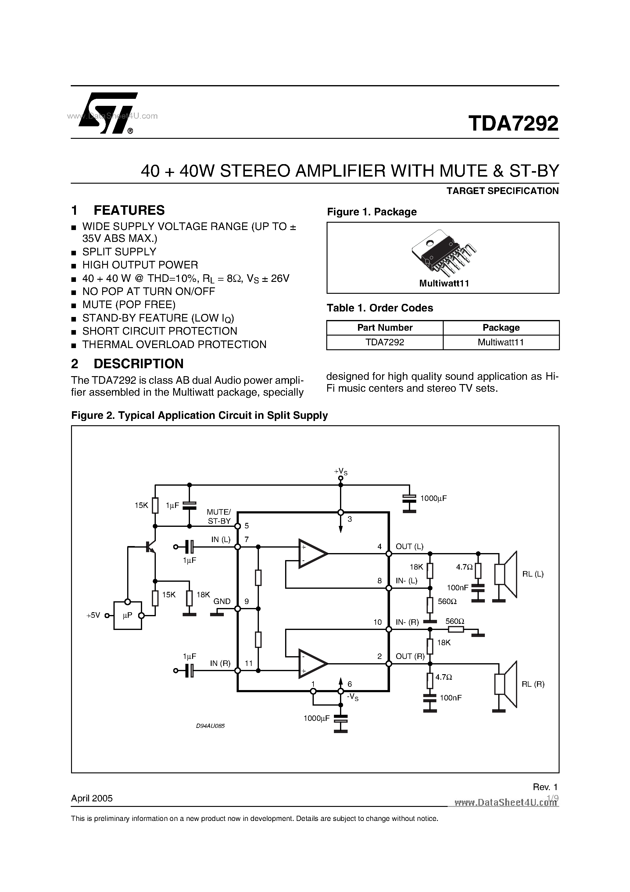 Даташит TDA7292 - 40 + 40W Stereo Amplifier страница 1