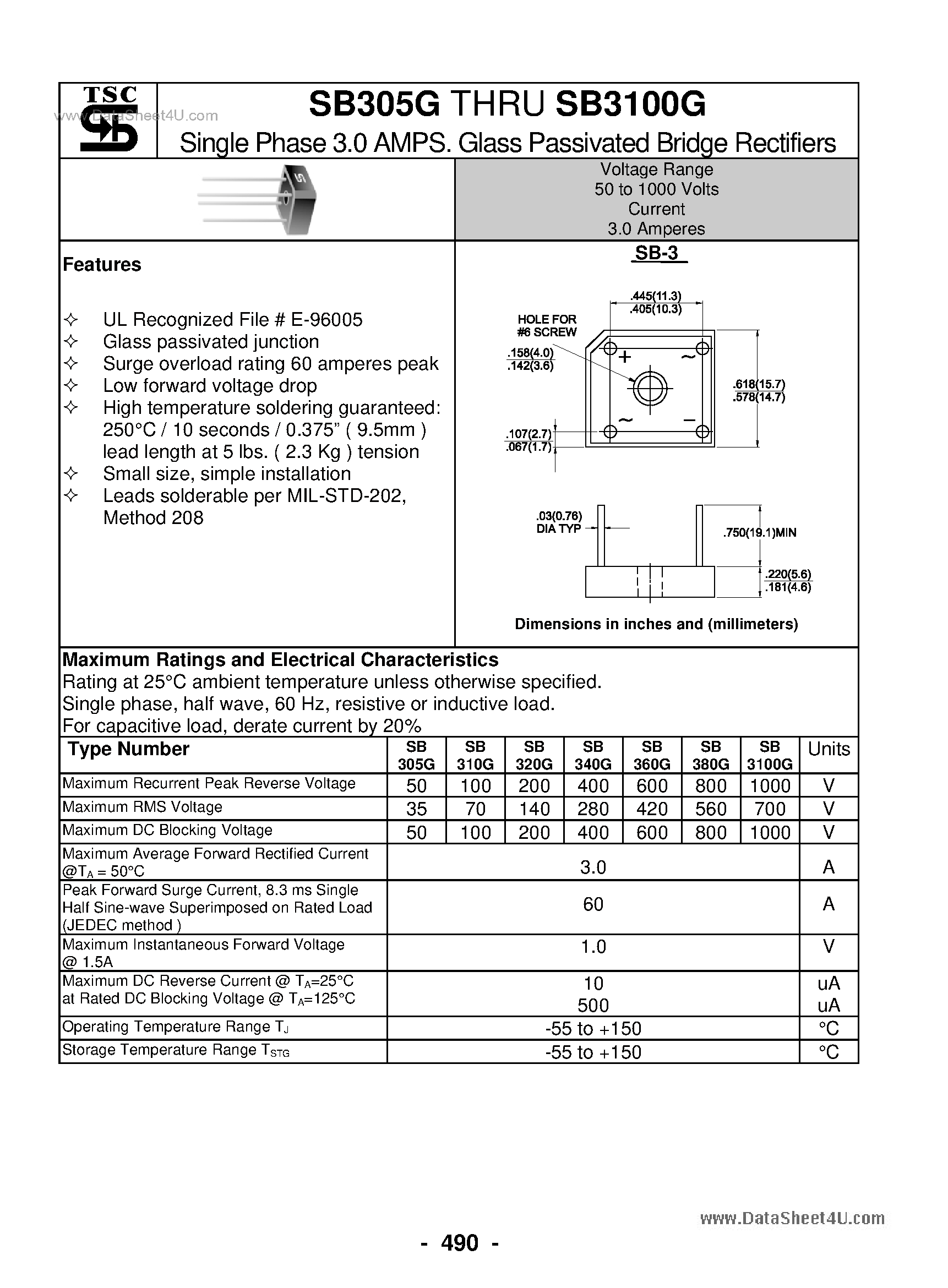 Datasheet SB360G page 1 Datasheet SB360G - (SB305G - SB3100G) Glass Passivated Bridge Rectifiers page 1