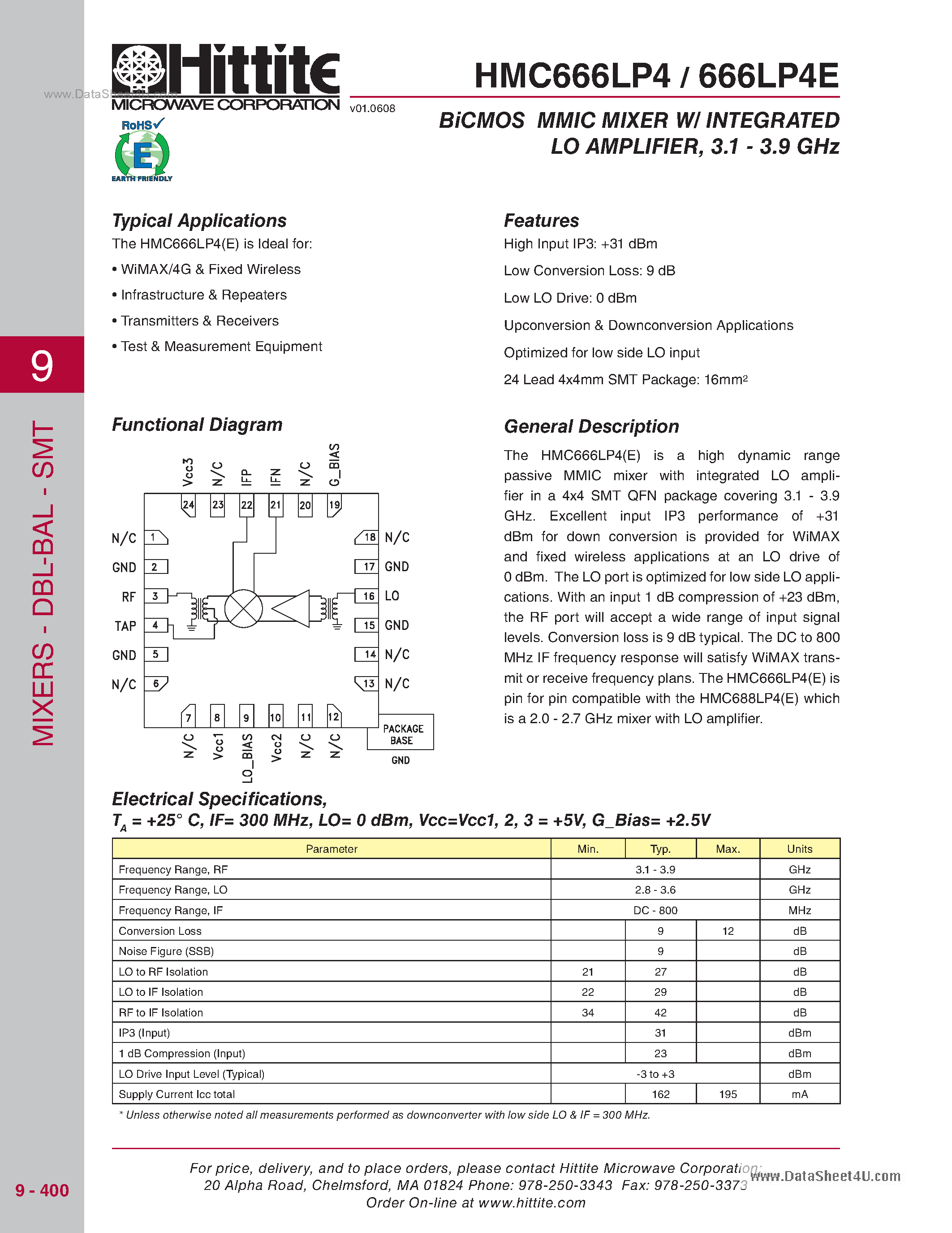 Даташит HMC666LP4 - SMT BiCMOS Mixer W/ Integrated LO Amplifier страница 1