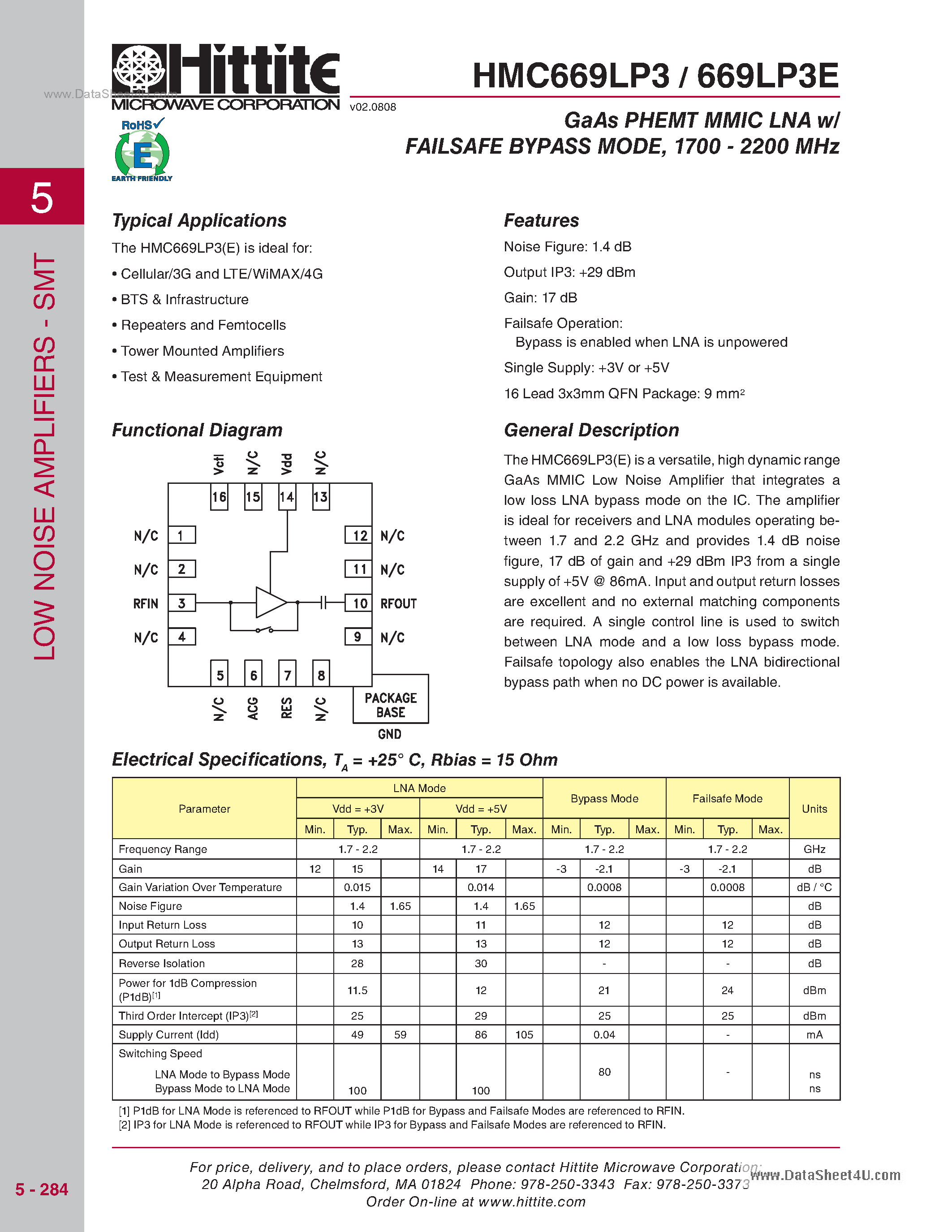 Даташит HMC669LP3 - SMT LNA W/ Failsafe Bypass Mode страница 1