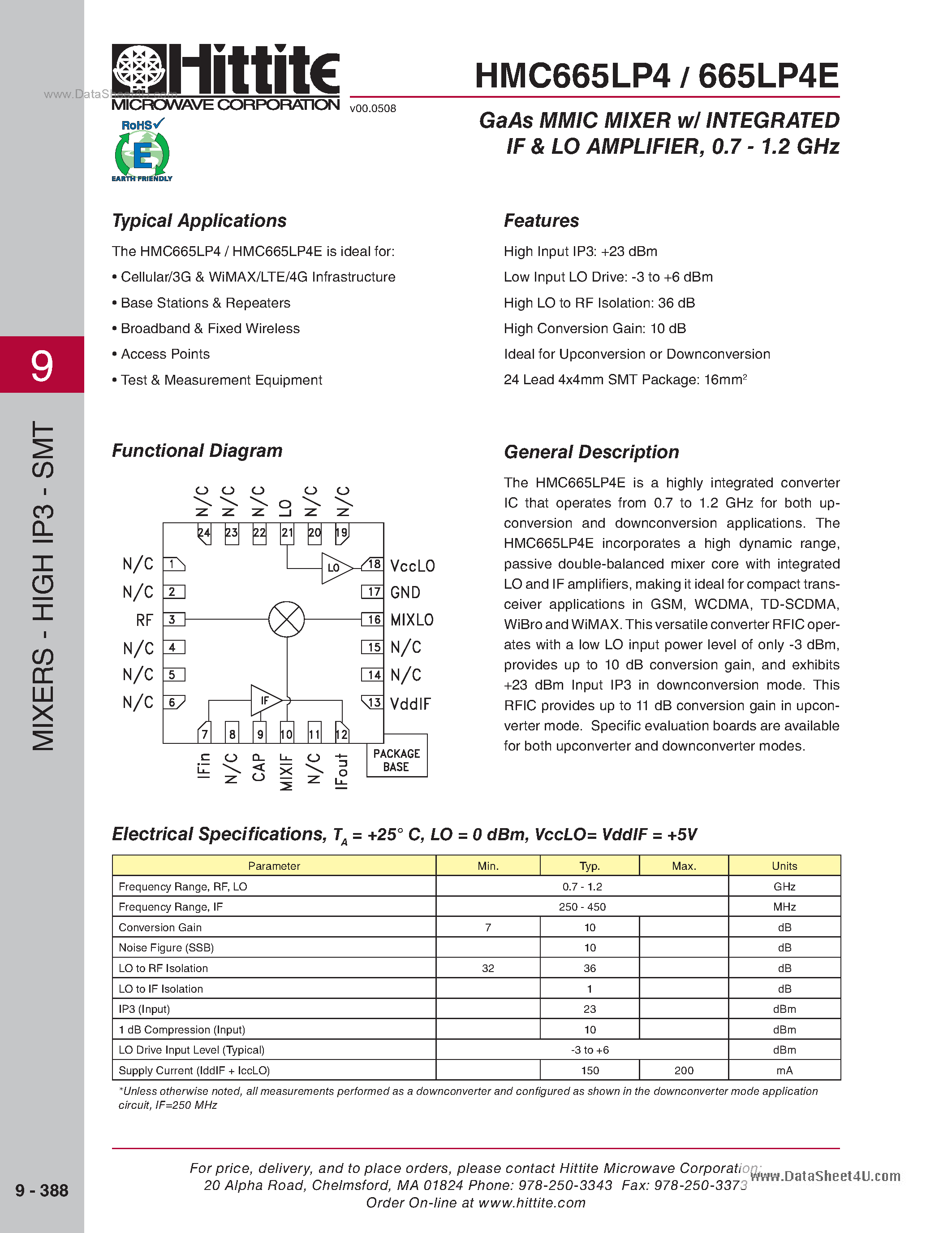 Даташит HMC665LP4 - SMT Mixer W/ Integrated IF & LO Amplifier страница 1