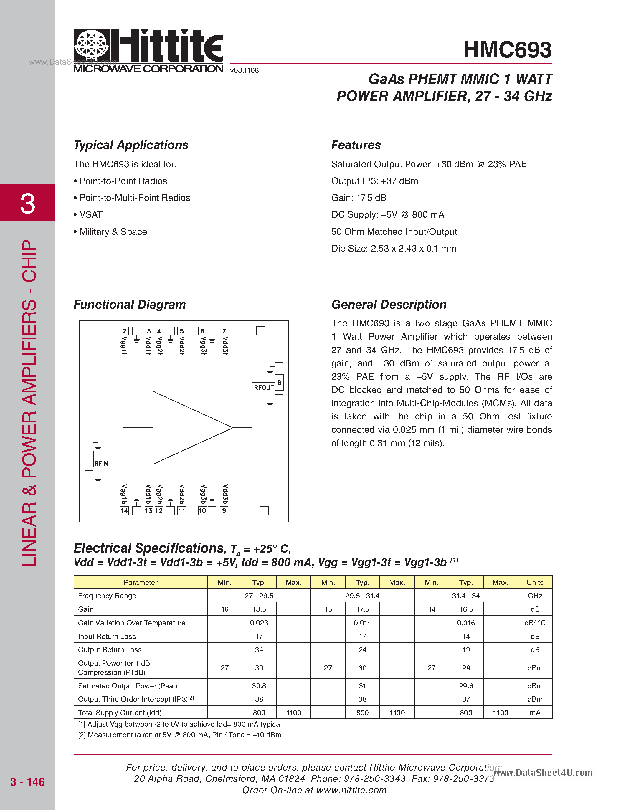 Даташит на микросхему HMC693 страница 1 Даташит HMC693 - 1 Watt Power Amplifier Chip страница 1
