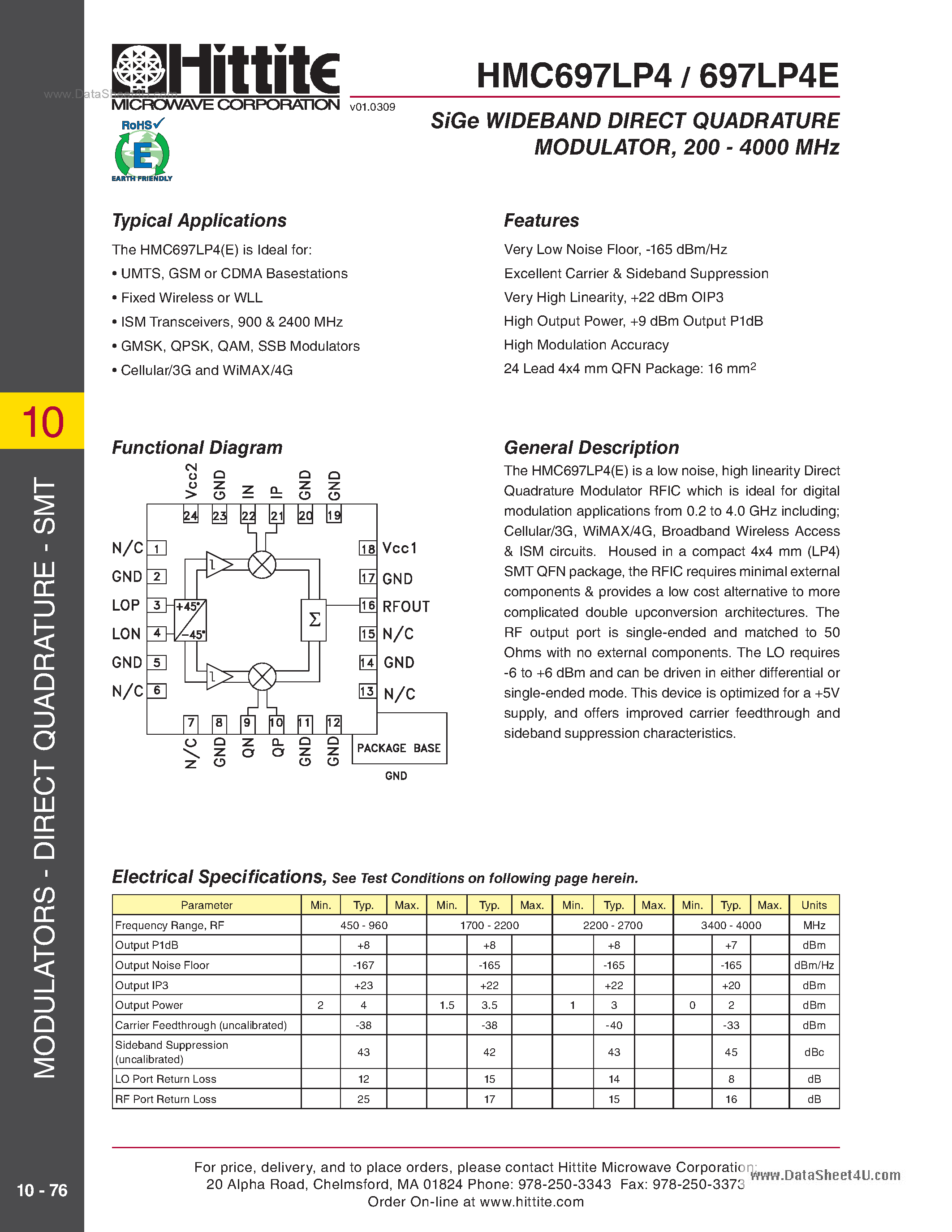 Datasheet HMC697LP4 page 1 Datasheet HMC697LP4 - SMT Direct I/Q Modulator page 1