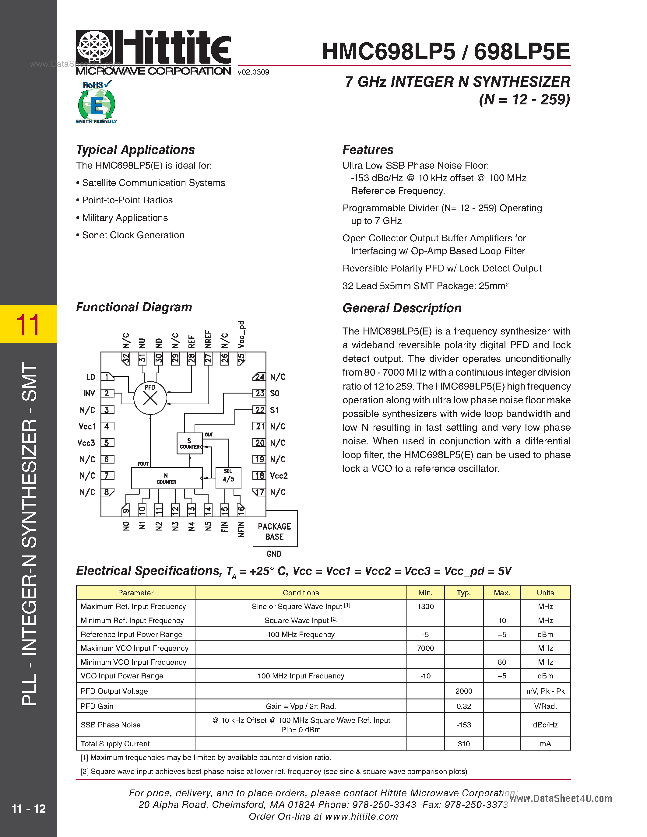 Datasheet HMC698LP5 - 7 GHz Integer-N Synthesizer SMT page 1