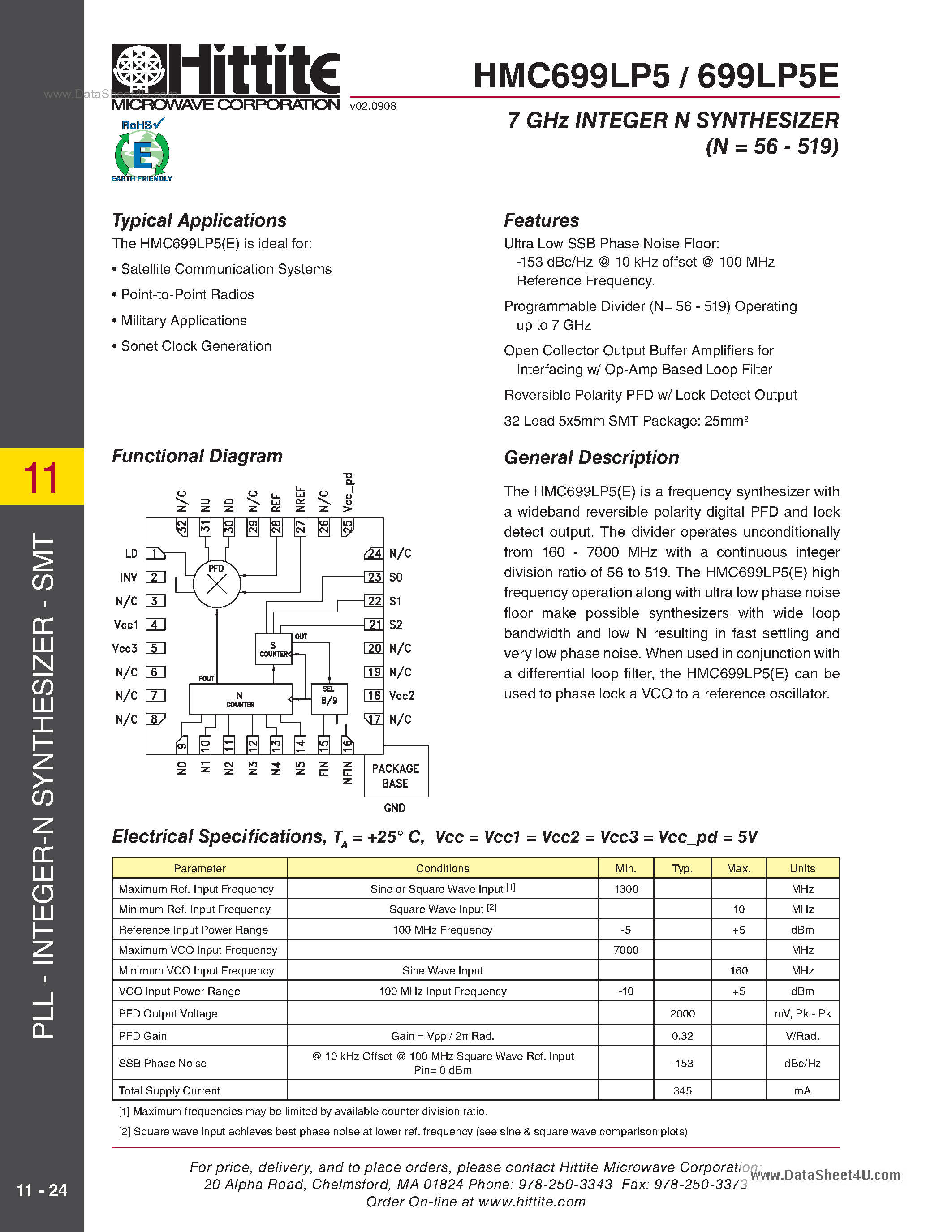 Datasheet HMC699LP5 page 1 Datasheet HMC699LP5 - 7 GHz Integer-N Synthesizer SMT page 1