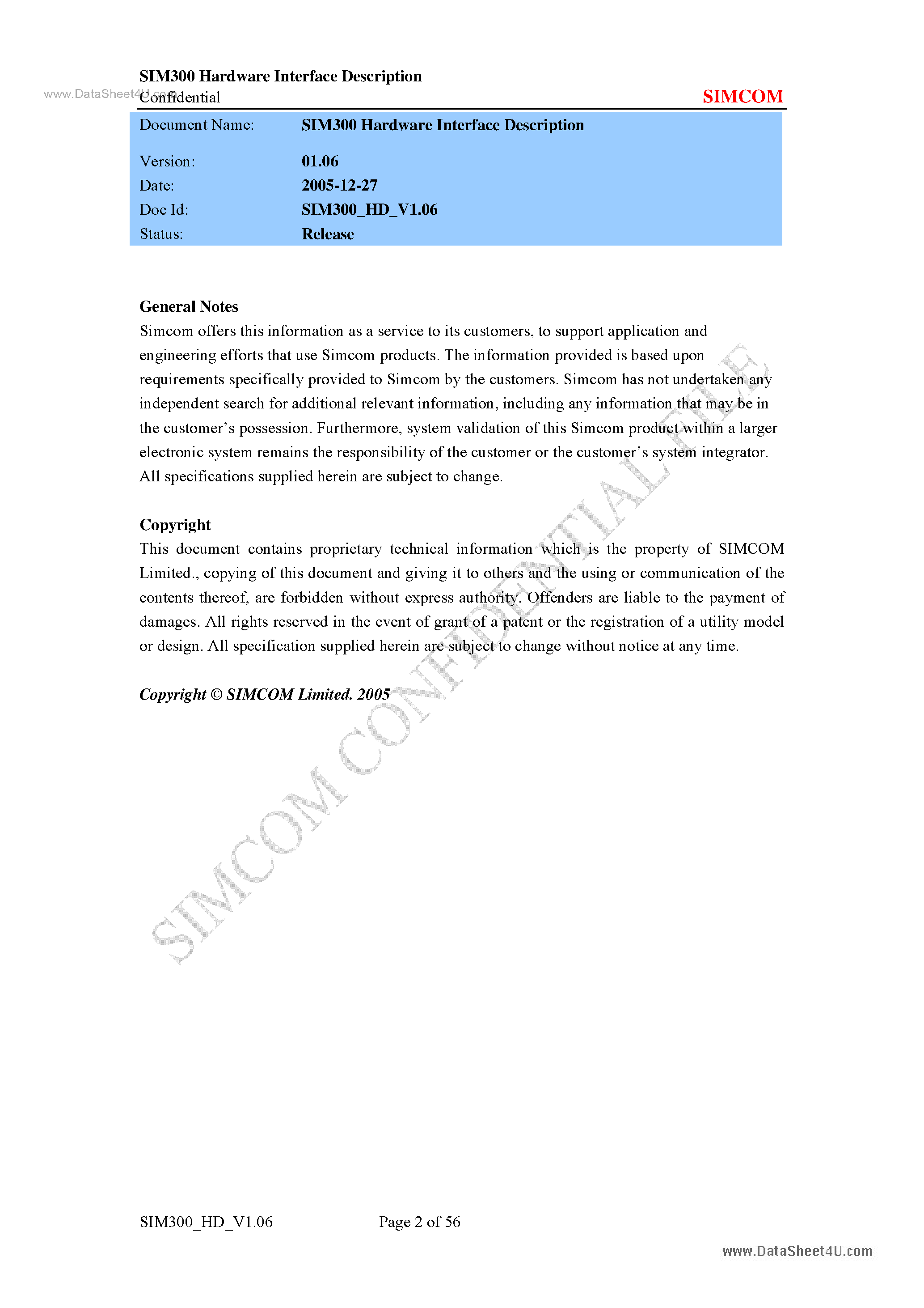 Даташит SIM300 - Hardware Specification страница 2