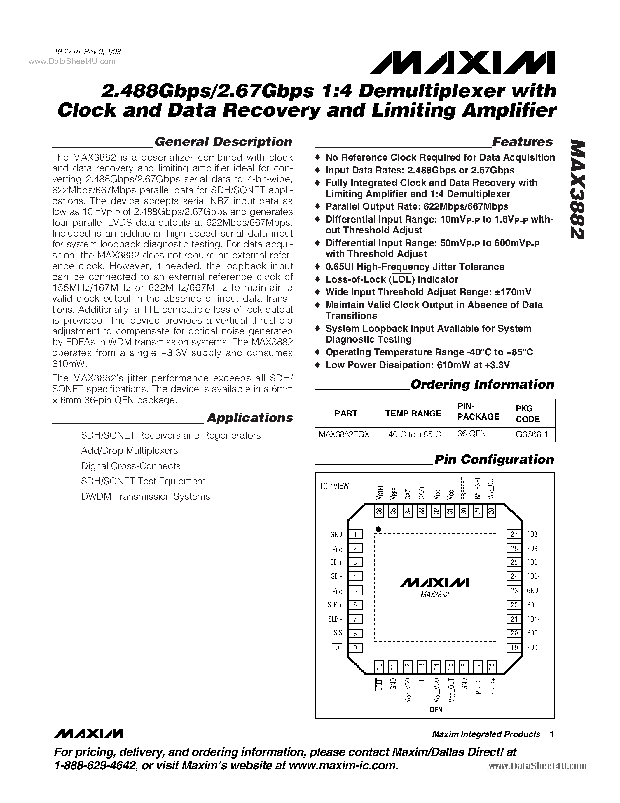 Datasheet MAX3882 - 2.488Gbps/2.67Gbps 1:4 Demultiplexer page 1