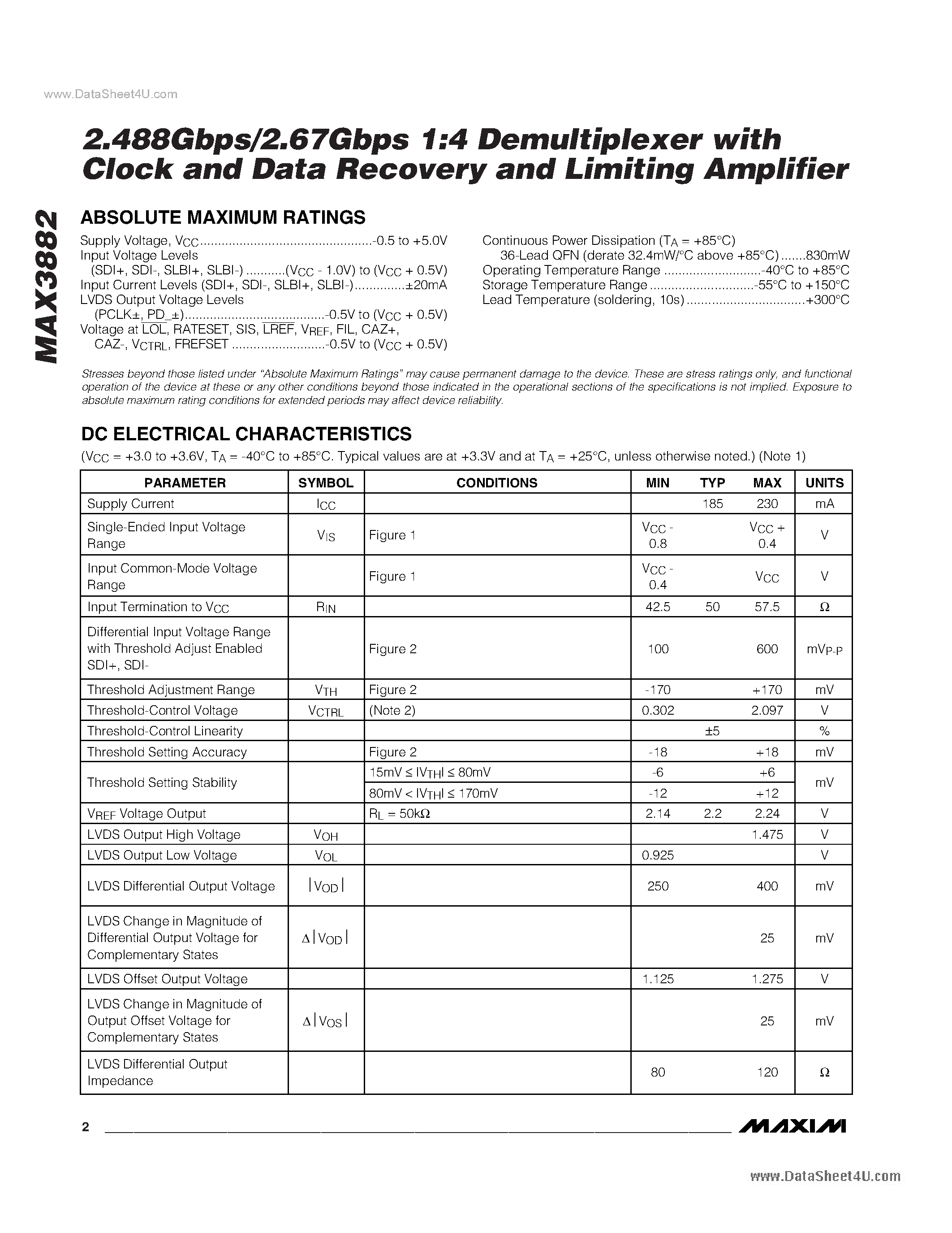 Datasheet MAX3882 - 2.488Gbps/2.67Gbps 1:4 Demultiplexer page 2