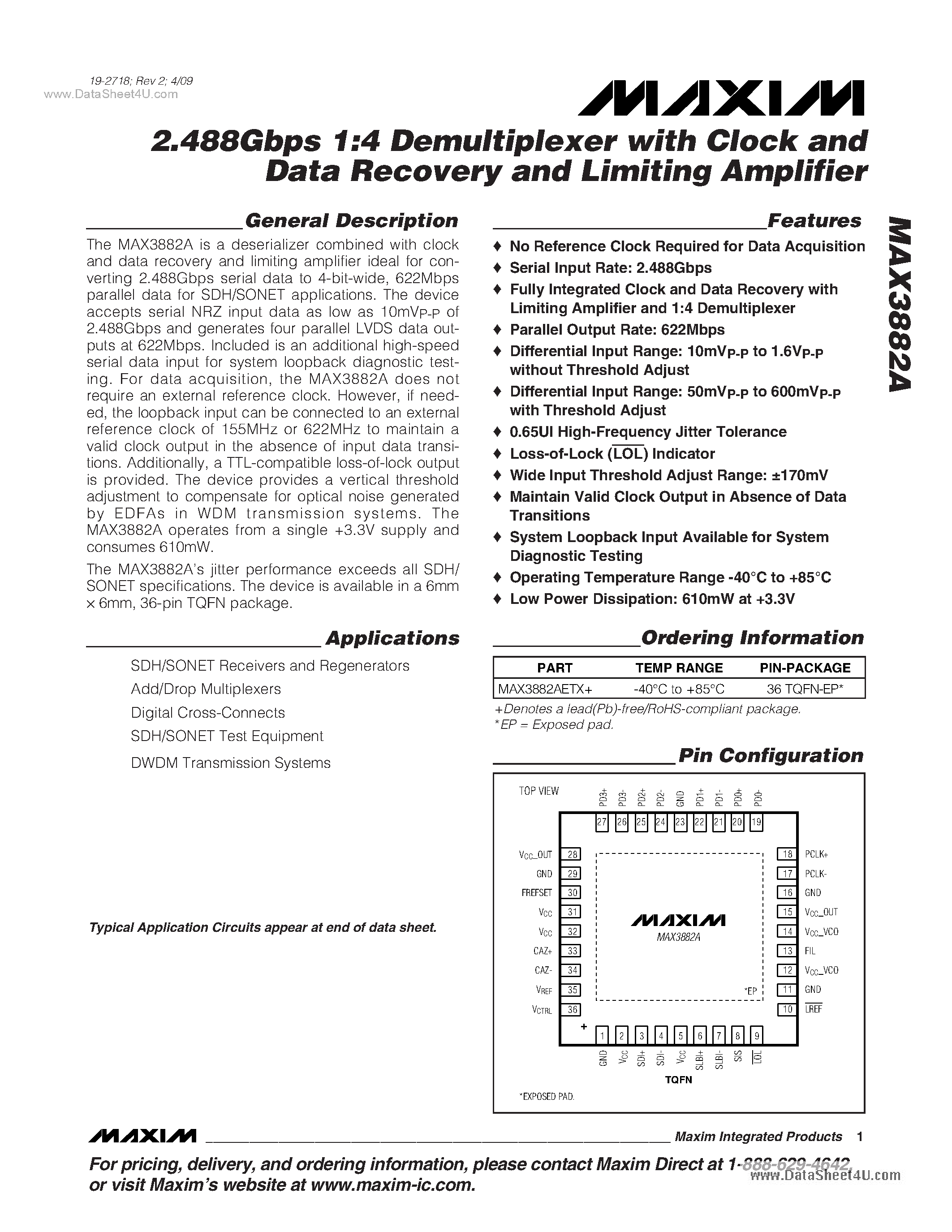 Даташит MAX3882A - 2.488Gbps 1:4 Demultiplexer страница 1