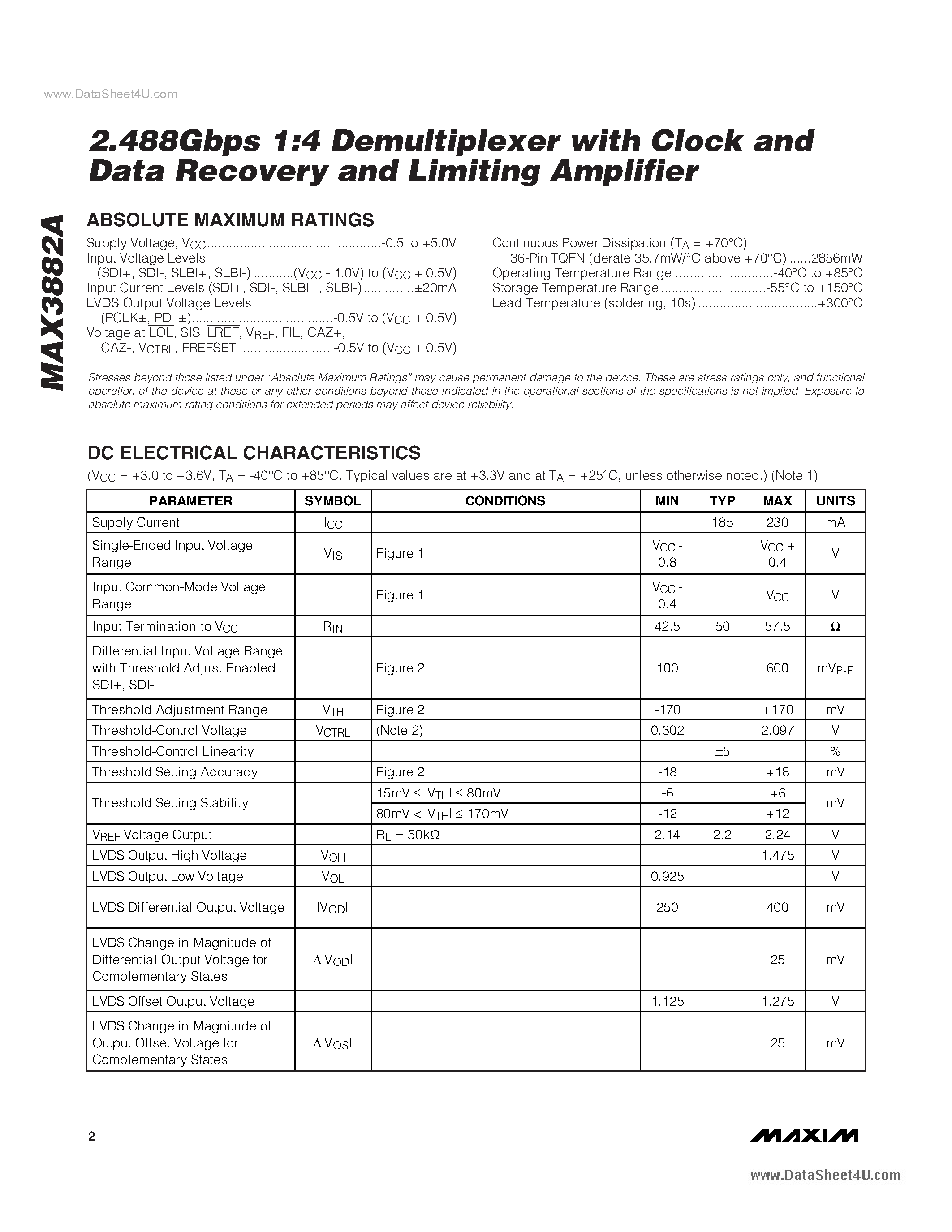 Даташит MAX3882A - 2.488Gbps 1:4 Demultiplexer страница 2