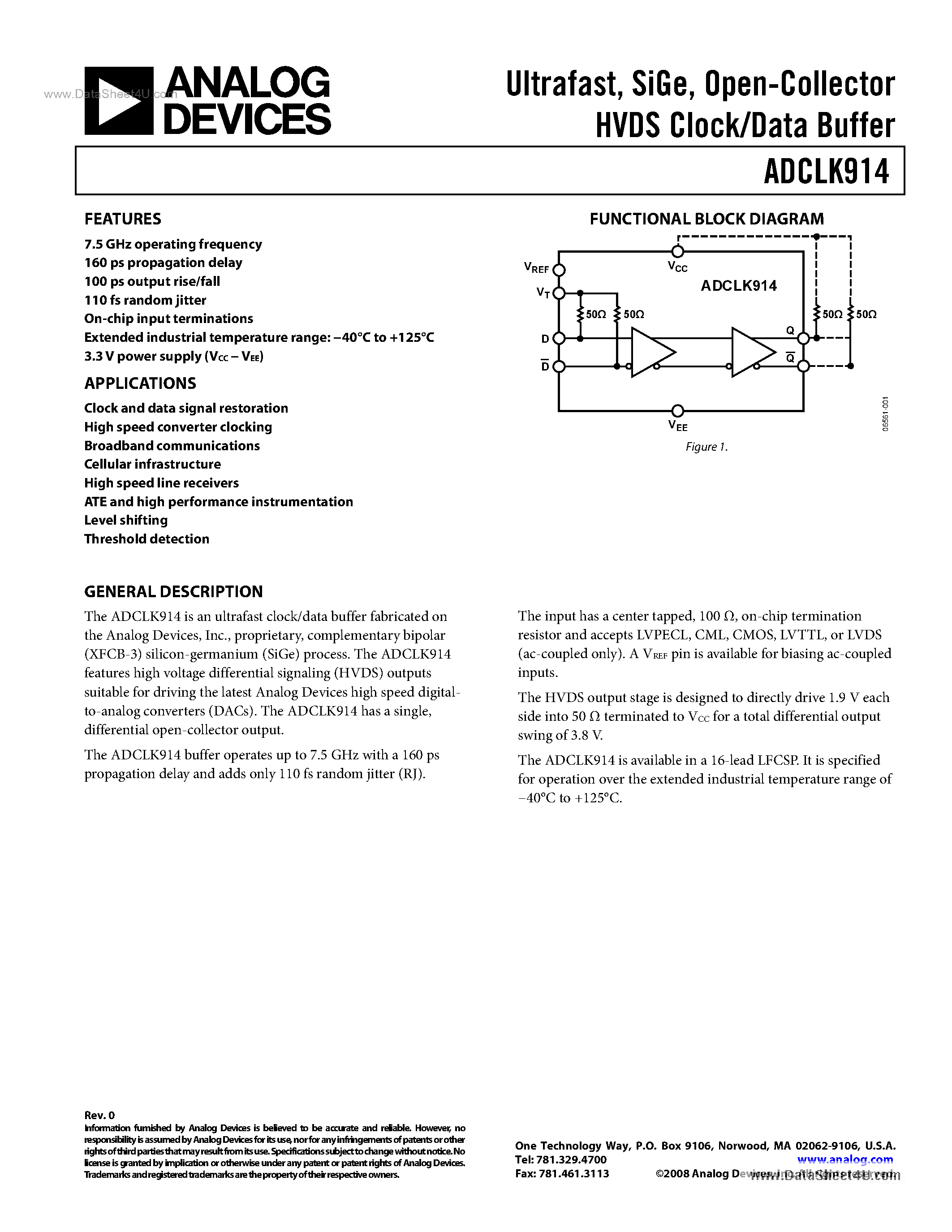 Datasheet ADCLK914 - Open-Collector HVDS Clock/Data Buffer page 1