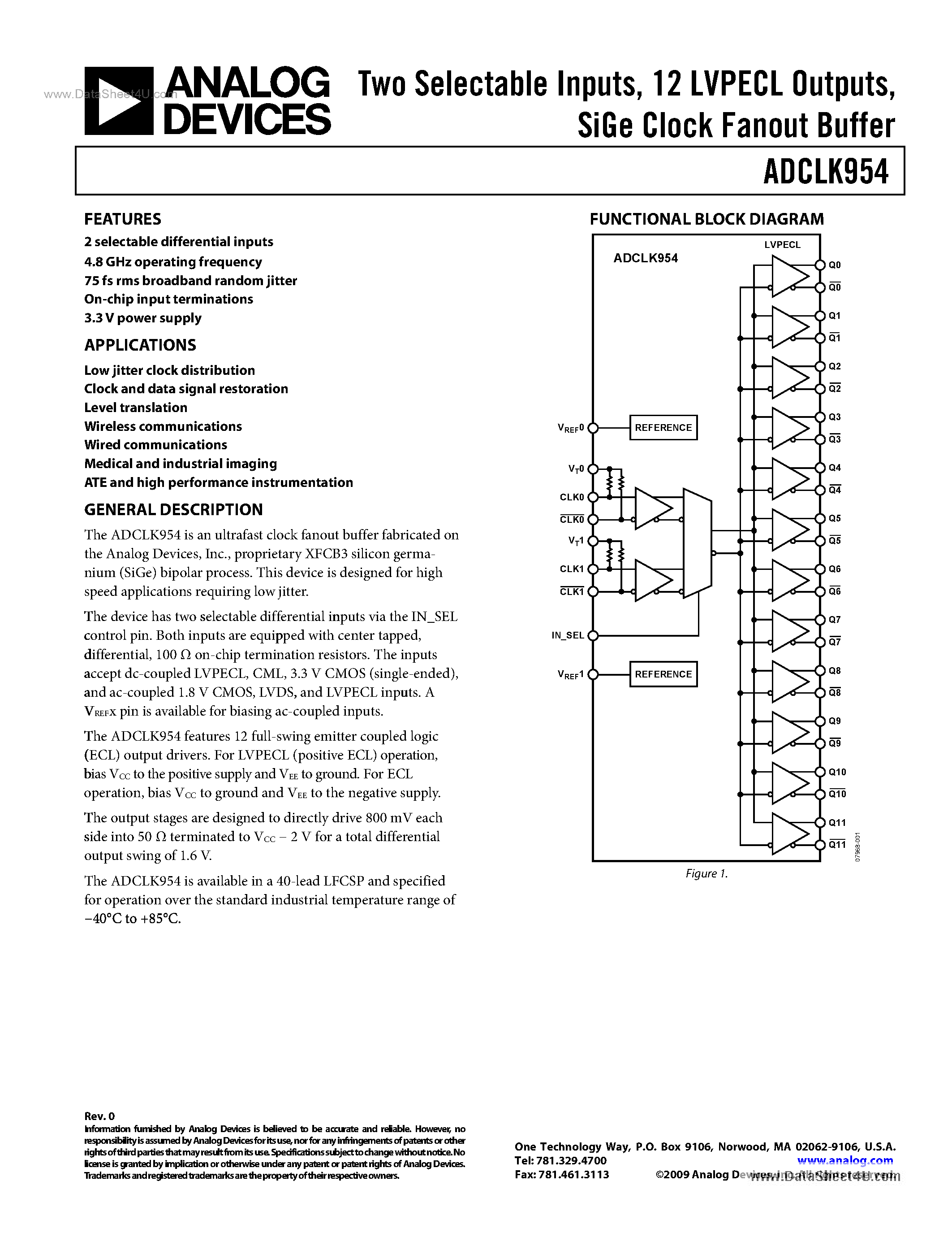 Datasheet ADCLK954 - SiGe Clock Fanout Buffer page 1