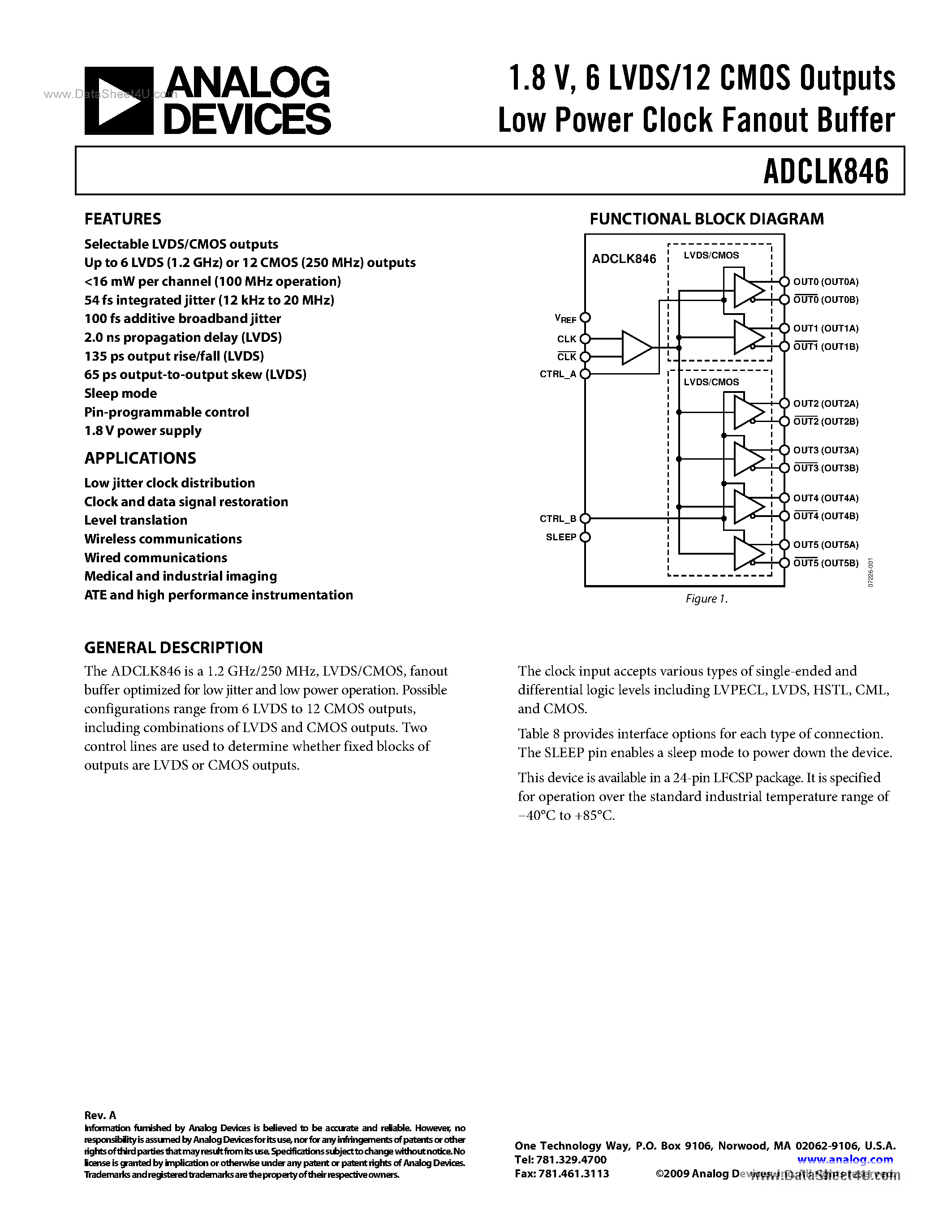 Datasheet ADCLK846 - 6 LVDS/12 CMOS Outputs Low Power Clock Fanout Buffer page 1