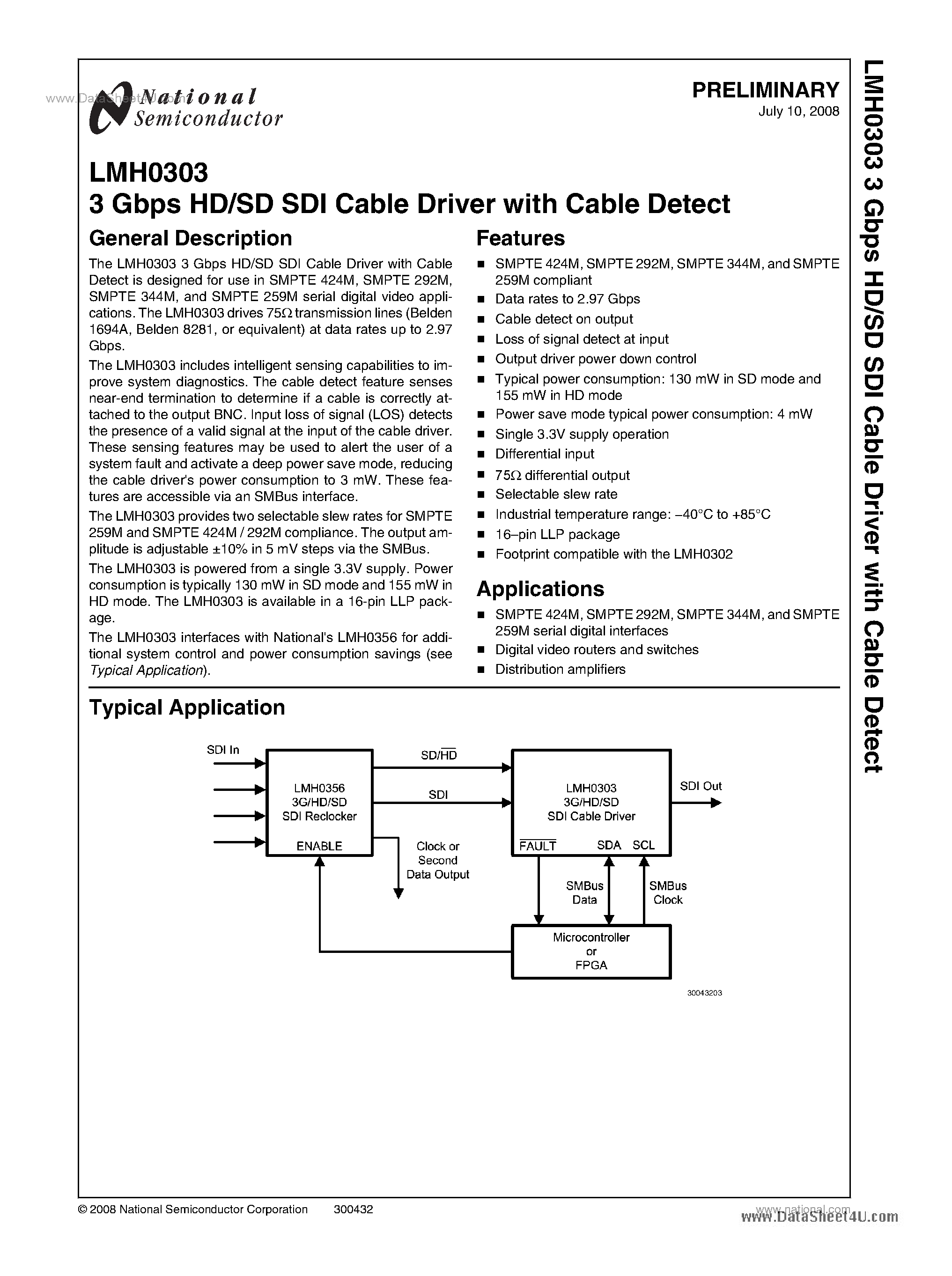 Datasheet LMH0303 - 3 Gbps HD/SD SDI Cable Driver page 1