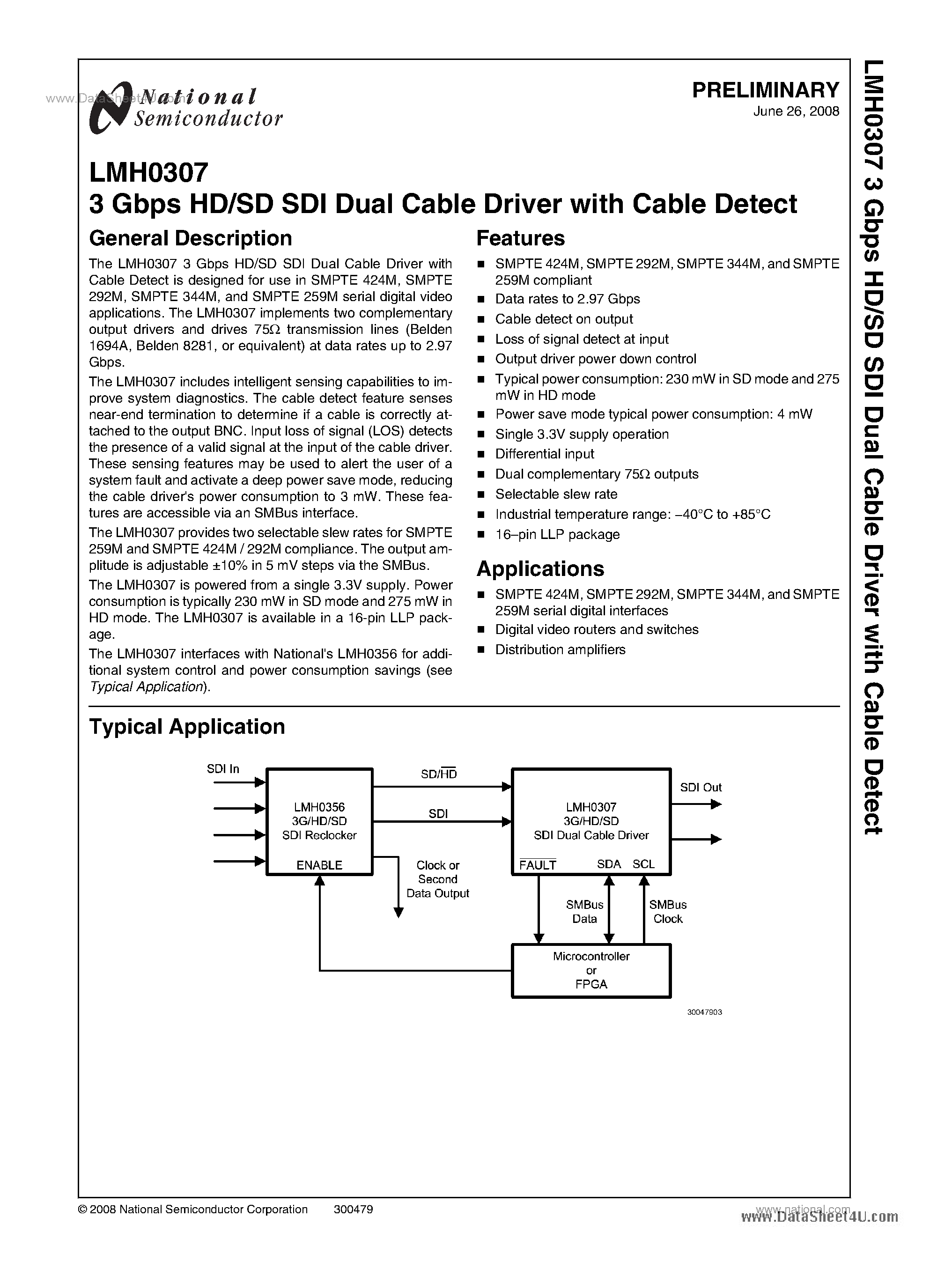 Datasheet LMH0307 - 3 Gbps HD/SD SDI Dual Cable Driver page 1
