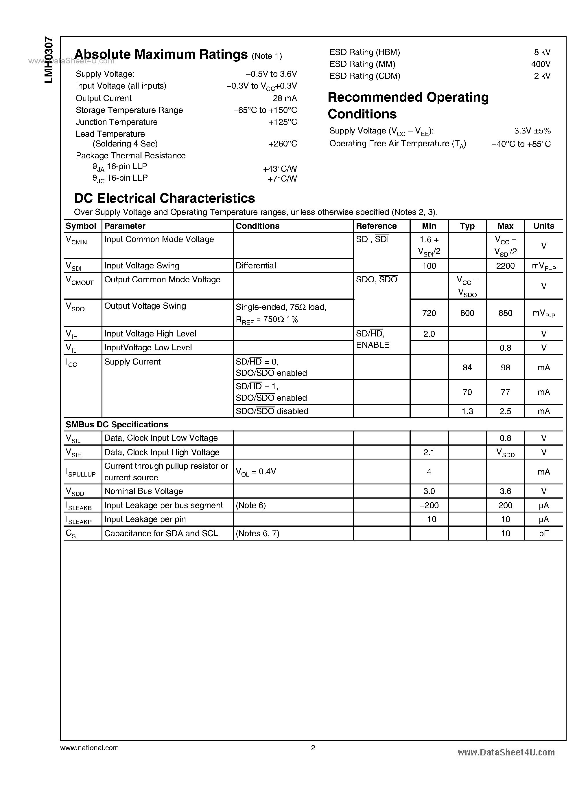 Datasheet LMH0307 - 3 Gbps HD/SD SDI Dual Cable Driver page 2