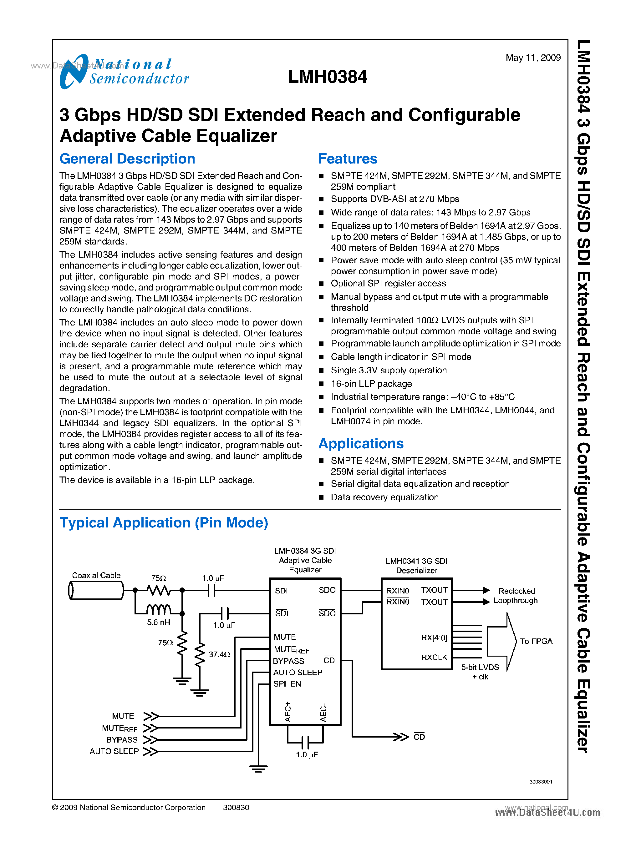 Datasheet LMH0384 - 3 Gbps HD/SD SDI Extended Reach And Configurable Adaptive Cable Equalizer page 1
