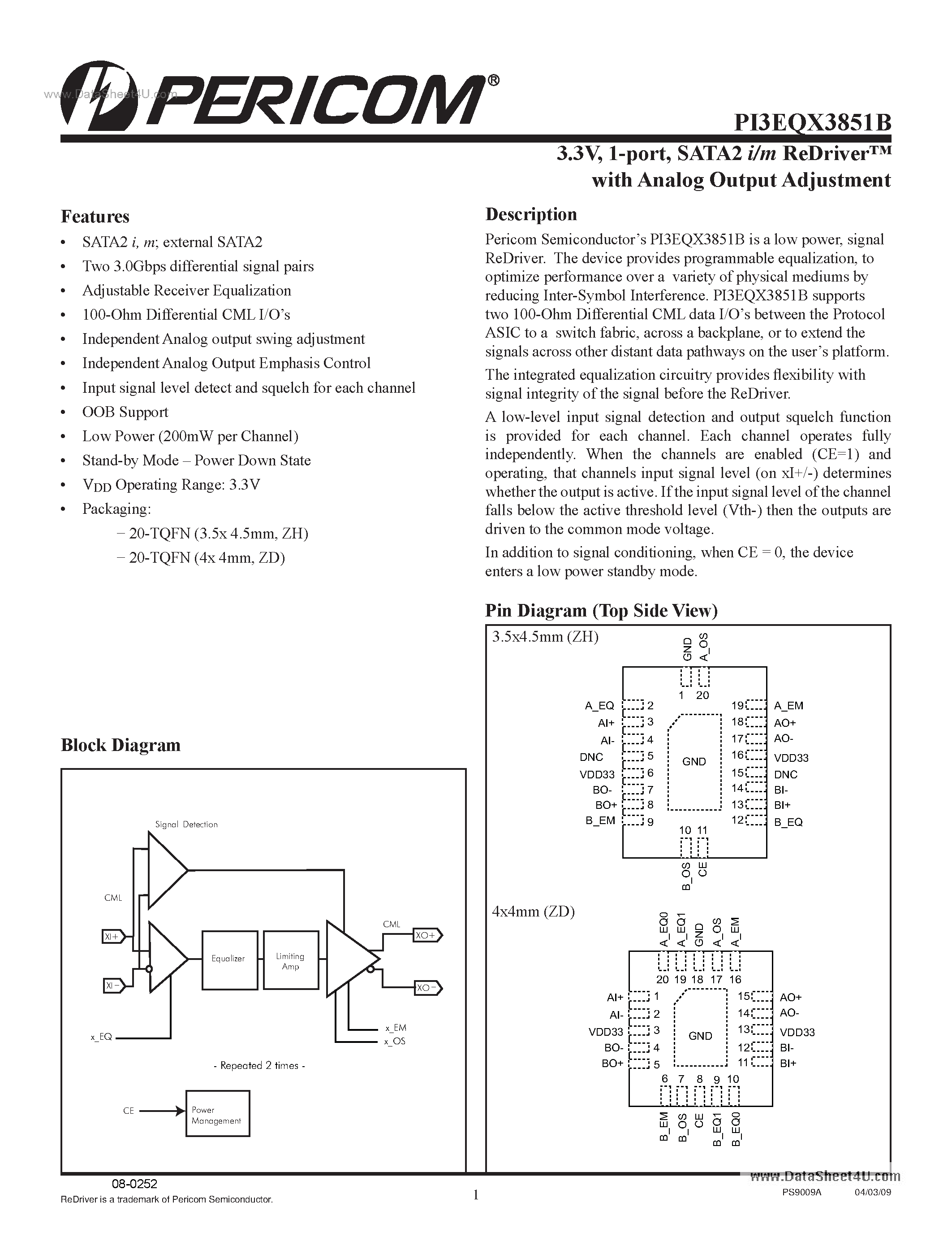 Datasheet PI3EQX3851B - 1-port SATA2/SAS ReDriver page 1