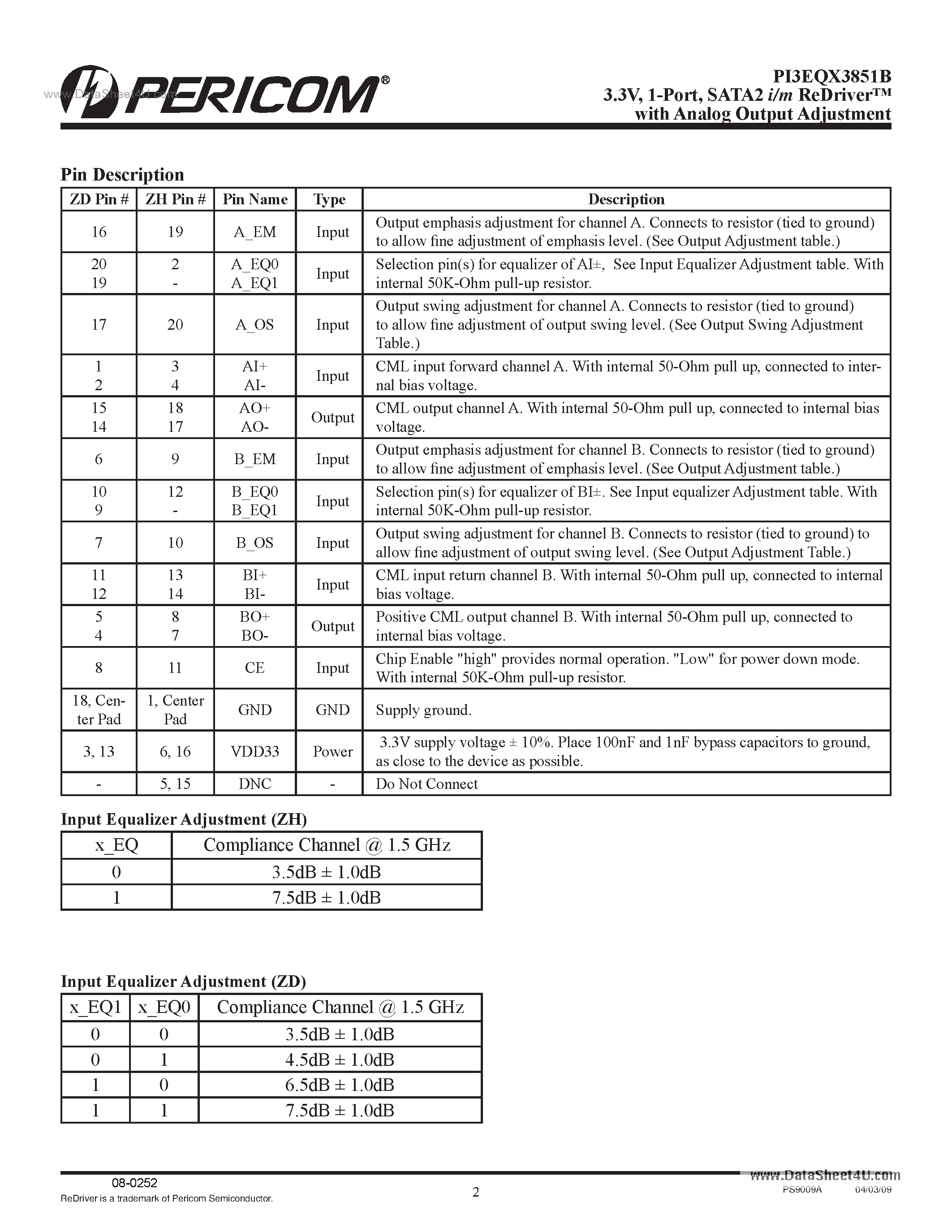 Datasheet PI3EQX3851B - 1-port SATA2/SAS ReDriver page 2