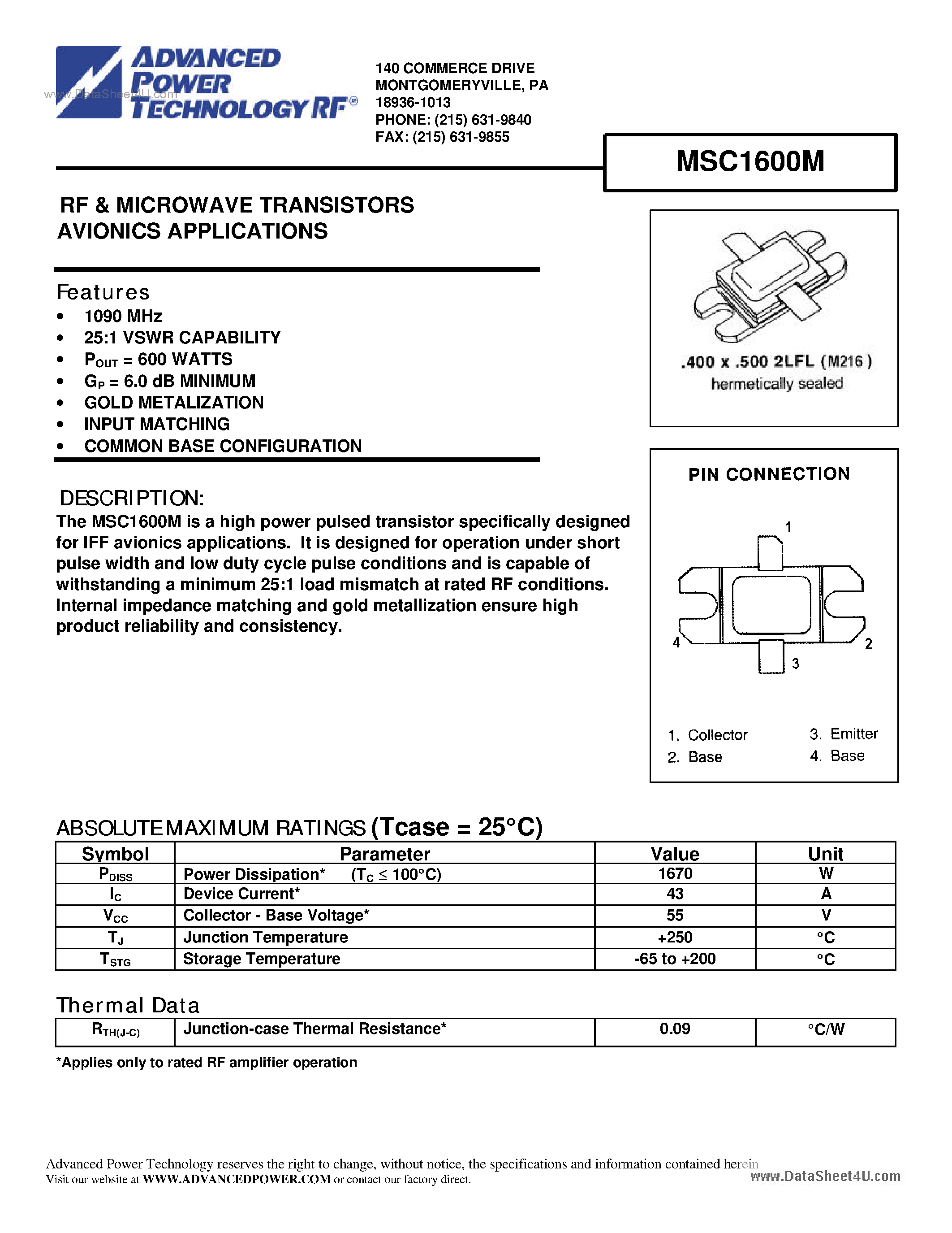 Datasheet MSC1600M - RF & MICROWAVE TRANSISTORS AVIONICS APPLICATIONS page 1