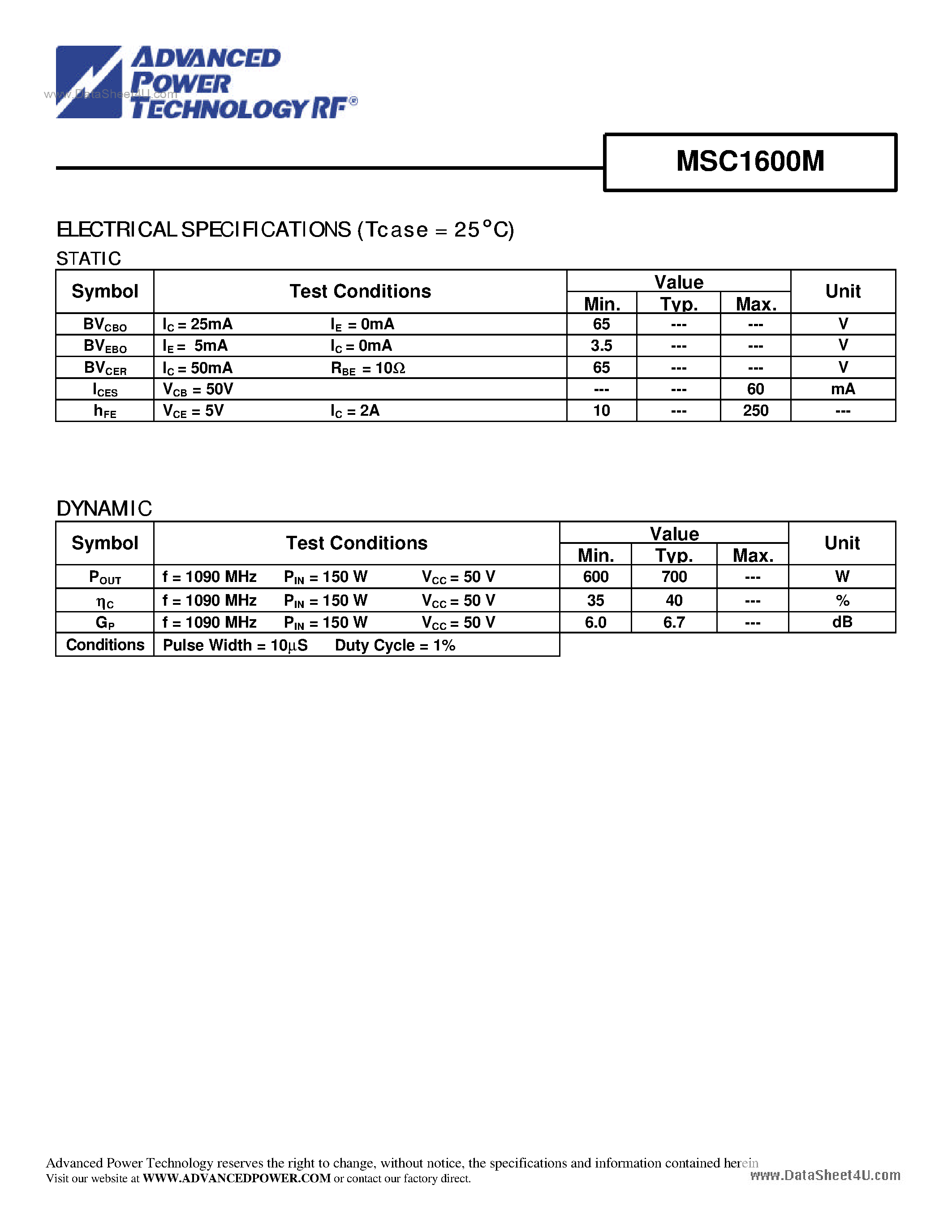 Datasheet MSC1600M - RF & MICROWAVE TRANSISTORS AVIONICS APPLICATIONS page 2