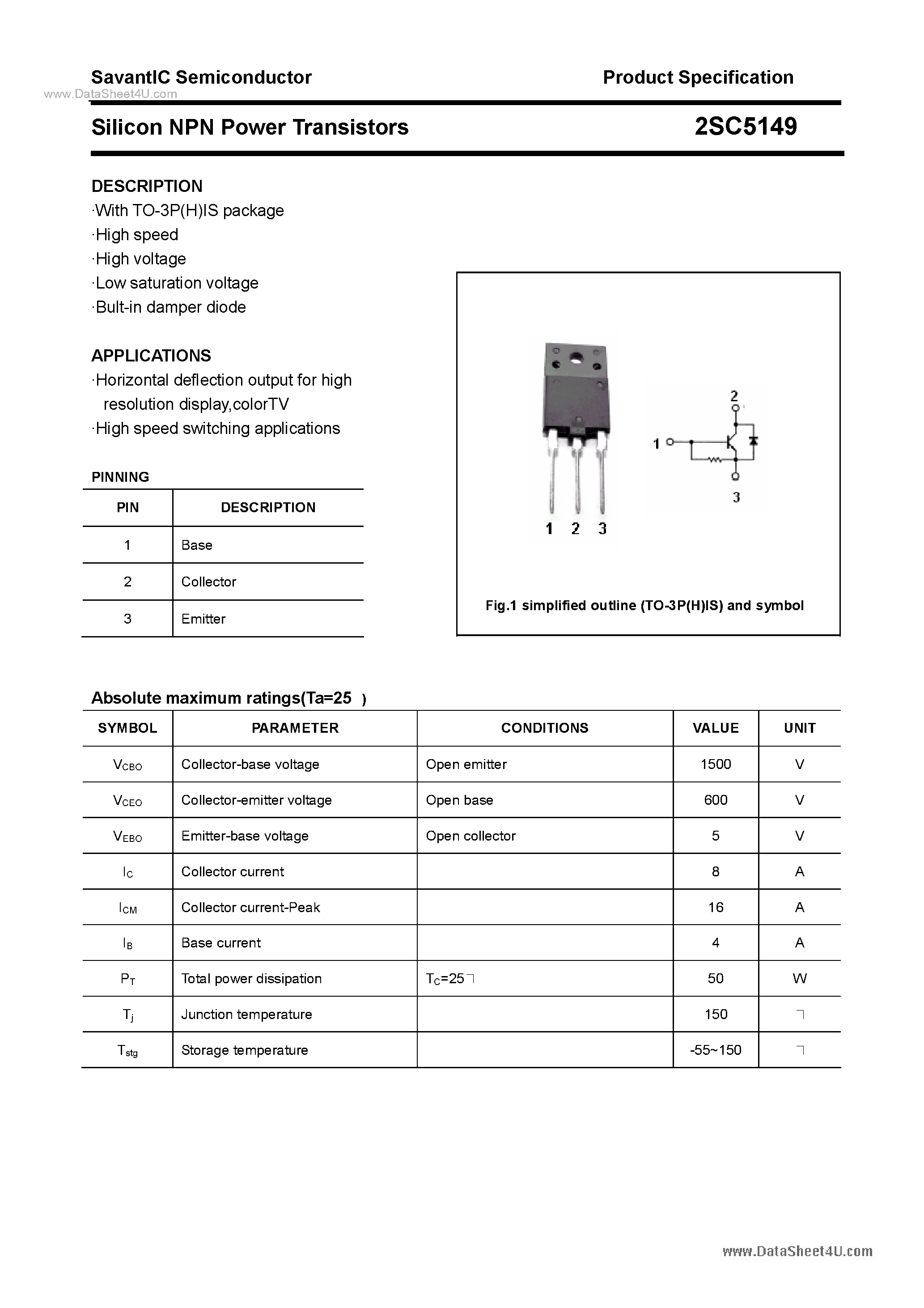 Даташит 2SC5149 - Silicon NPN Power Transistors страница 1