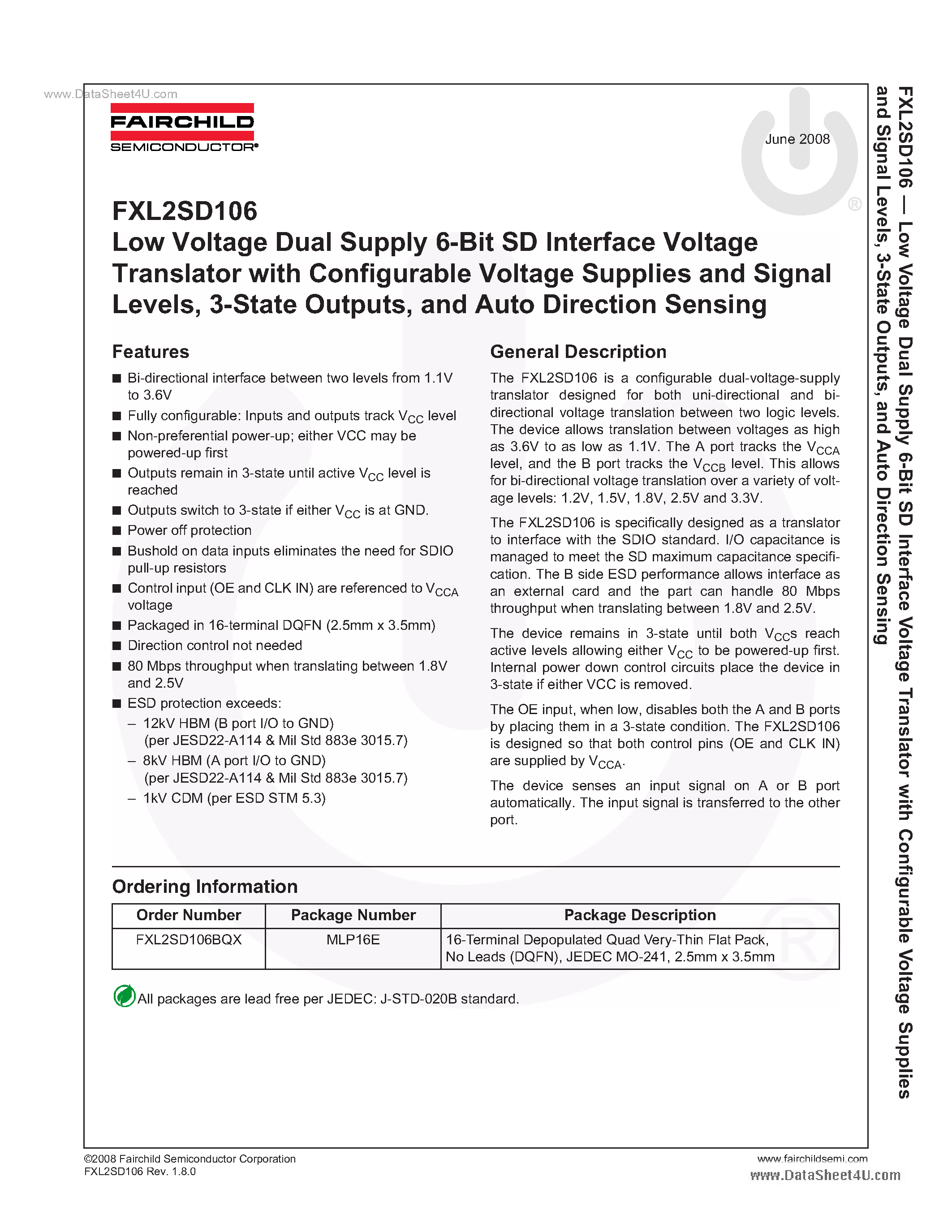 Datasheet FXL2SD106 - Low Voltage Dual Supply 6-Bit SD Interface Voltage Translator page 1