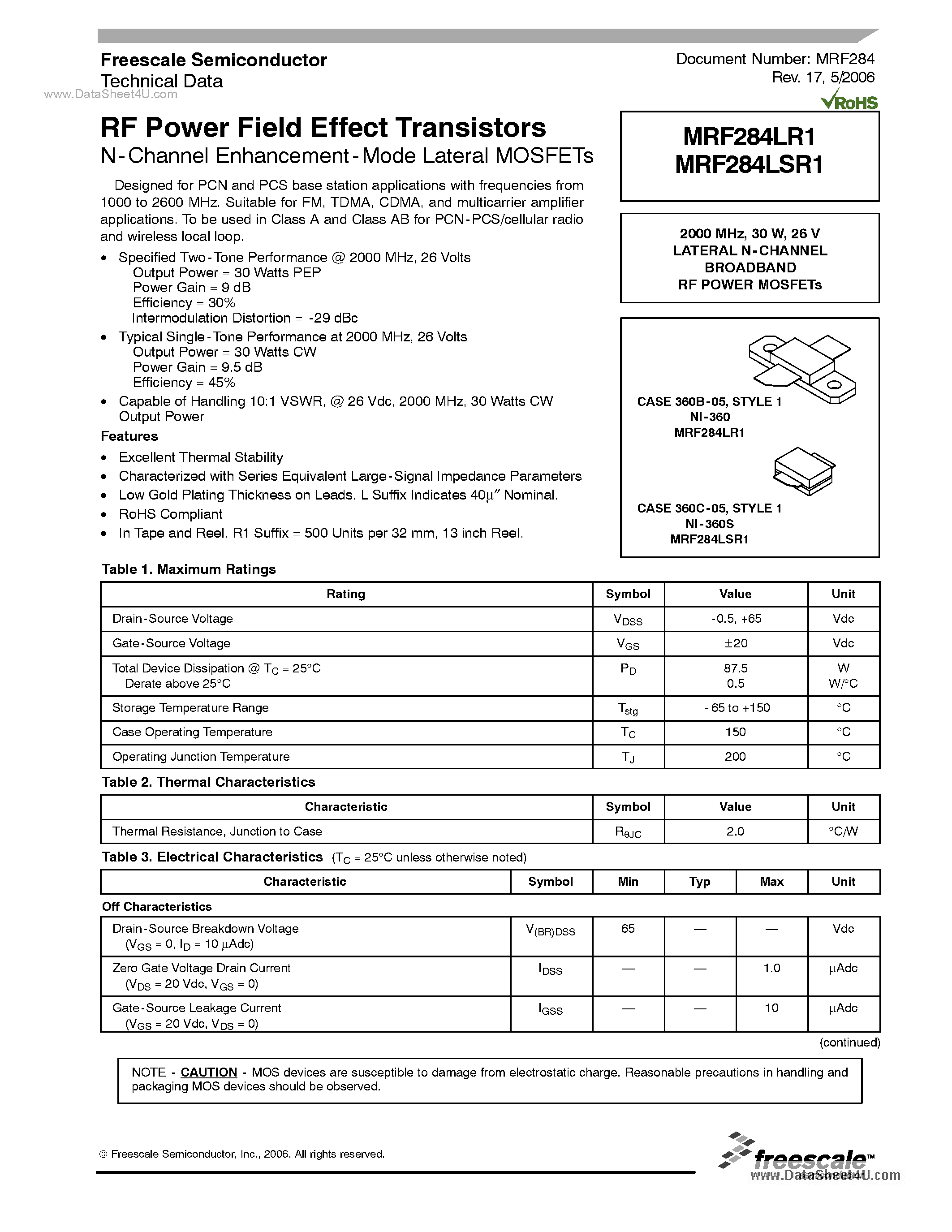 Datasheet MRF284LR1 page 1 Datasheet MRF284LR1 - RF Power Field Effect Transistors page 1