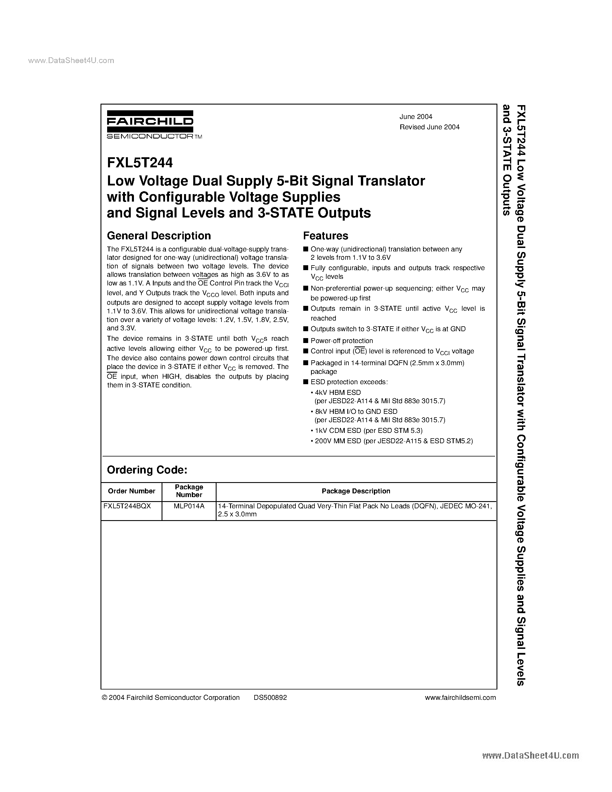 Datasheet FXL5T244 - Low Voltage Dual Supply 5-Bit Signal Translator page 1