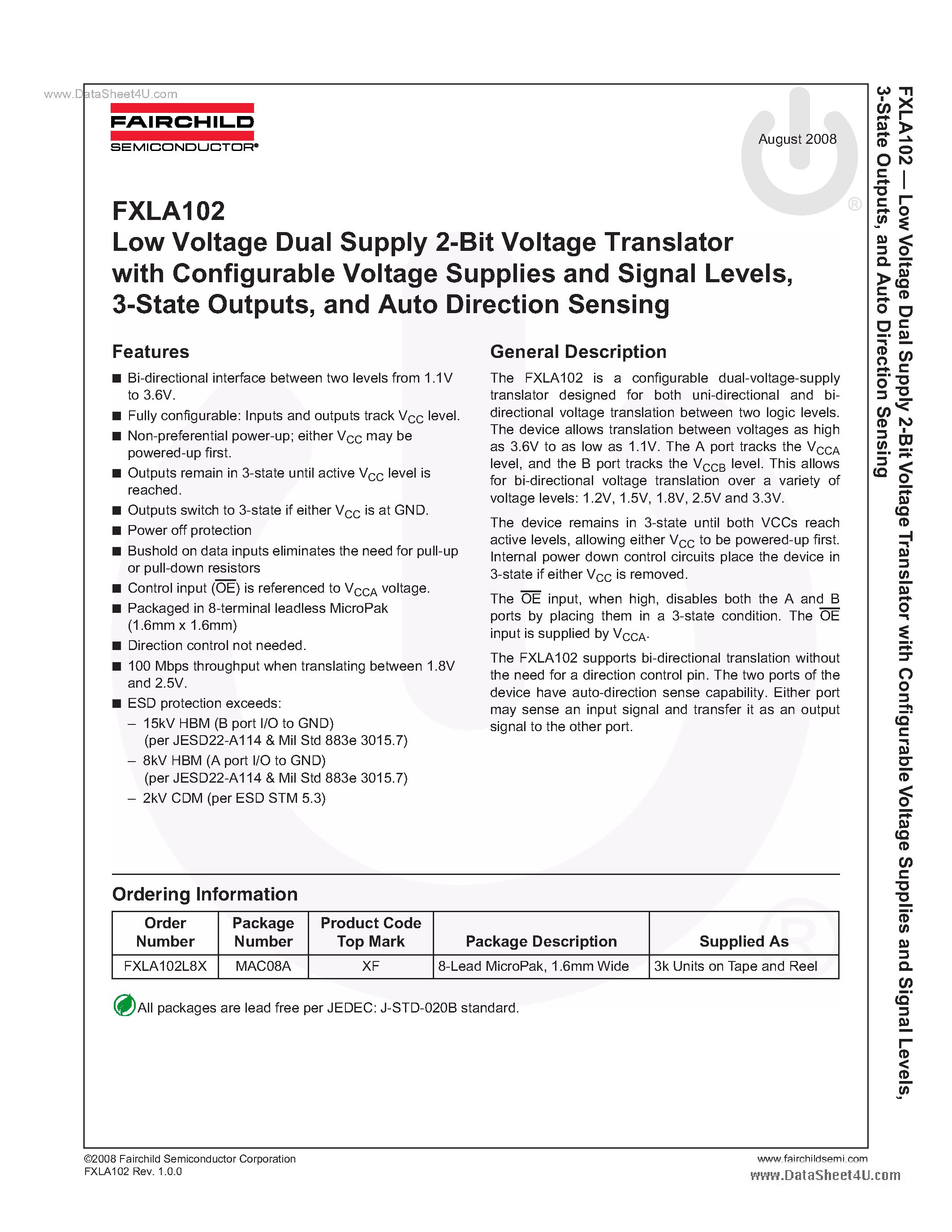 Даташит FXLA102 - Low Voltage Dual Supply 2-Bit Voltage Translator страница 1