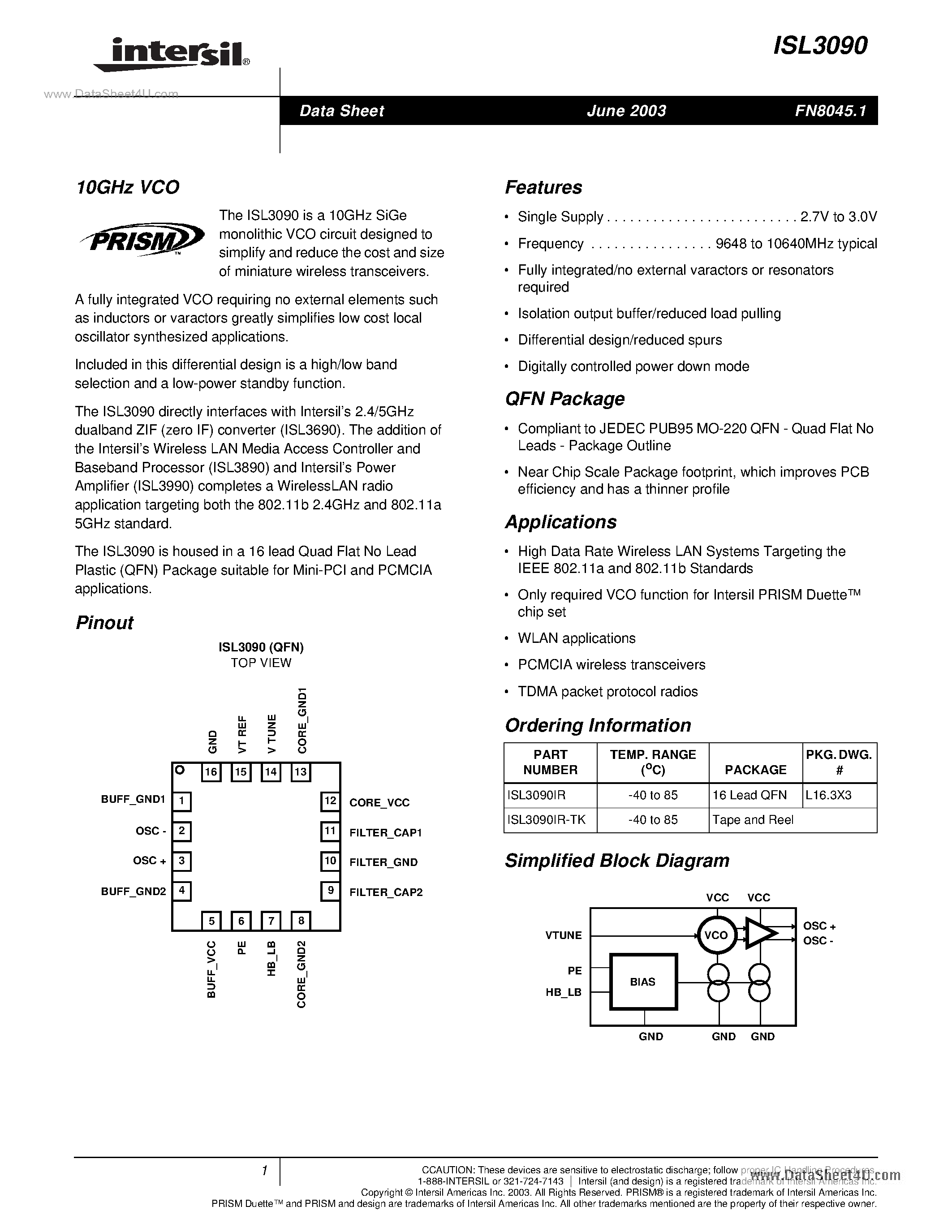 Даташит ISL3090 - 10GHz Vco страница 1